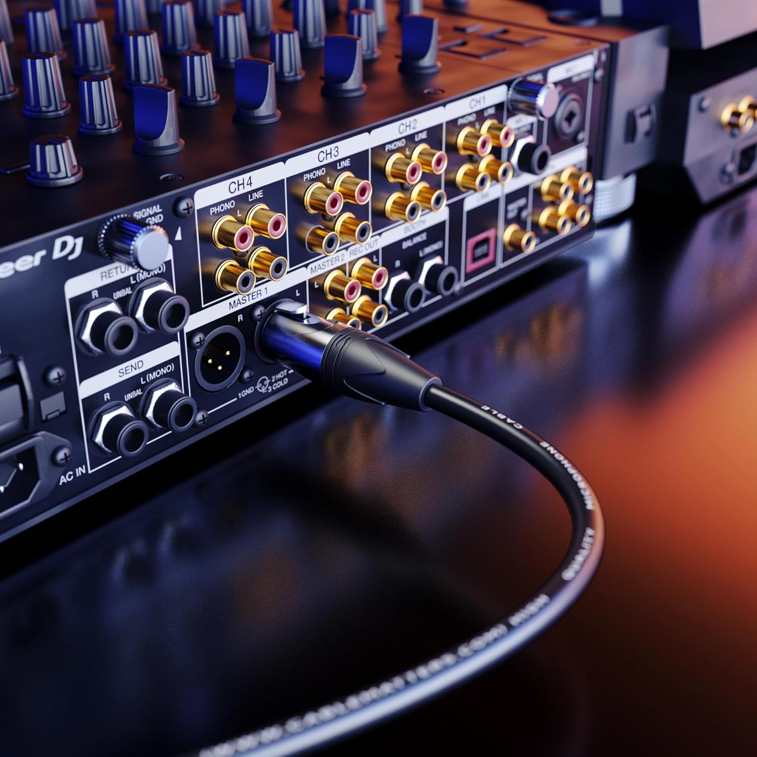Highlights the detailed connectivity options and channel inputs on the DJ mixer, showing shoppers the various ports and connection capabilities for professional audio setup.