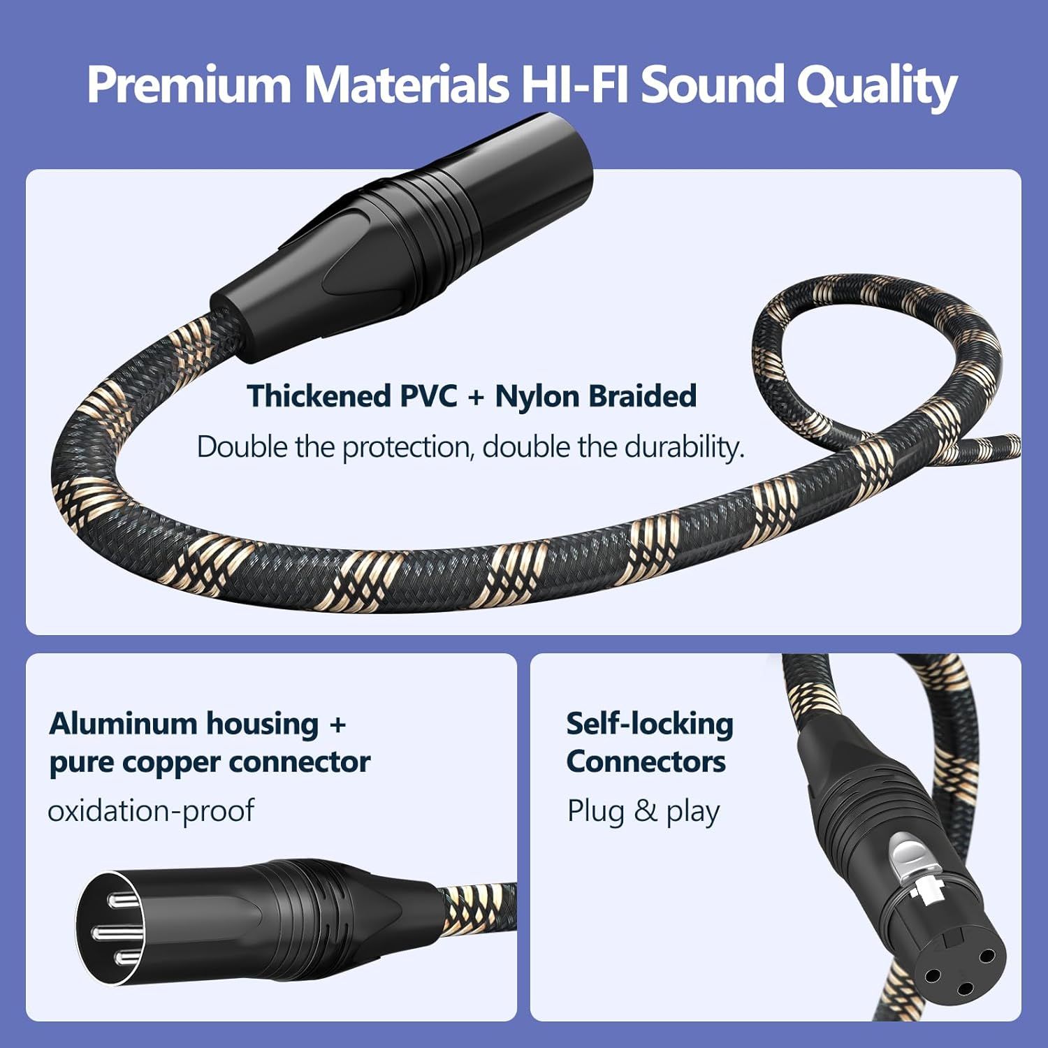 Showcases multiple premium features of the audio cable including material quality, durability, sound performance, and connector design to demonstrate overall product value and build quality.