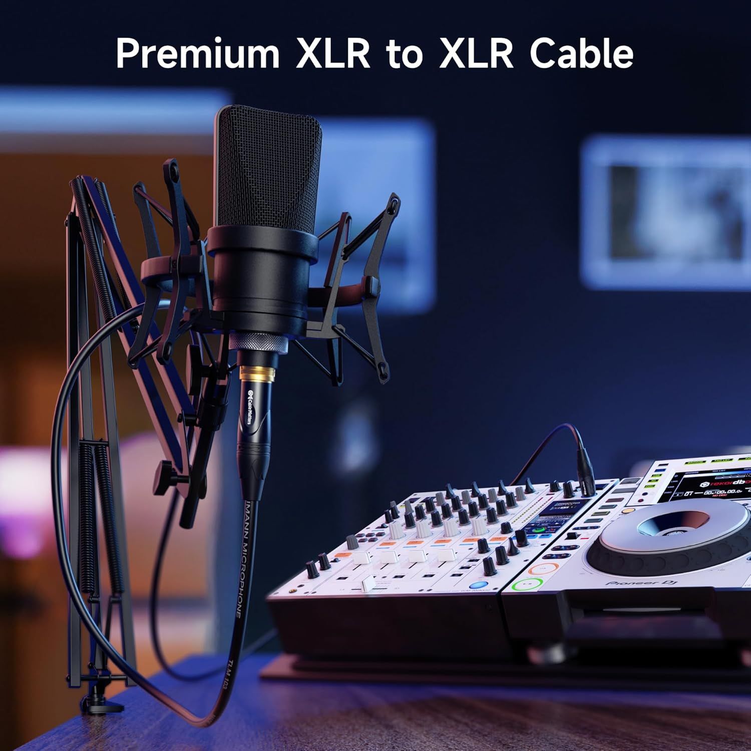 Shows the XLR cable in a real-world professional audio environment with a microphone and DJ equipment to help shoppers visualize the product in use.