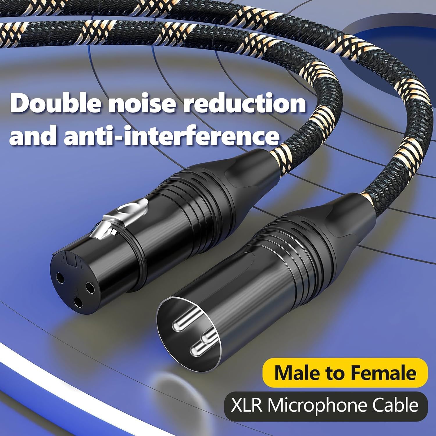 Communicates multiple technical benefits of the XLR microphone cable including noise reduction, anti-interference properties, and connector compatibility to reassure buyers of quality audio…