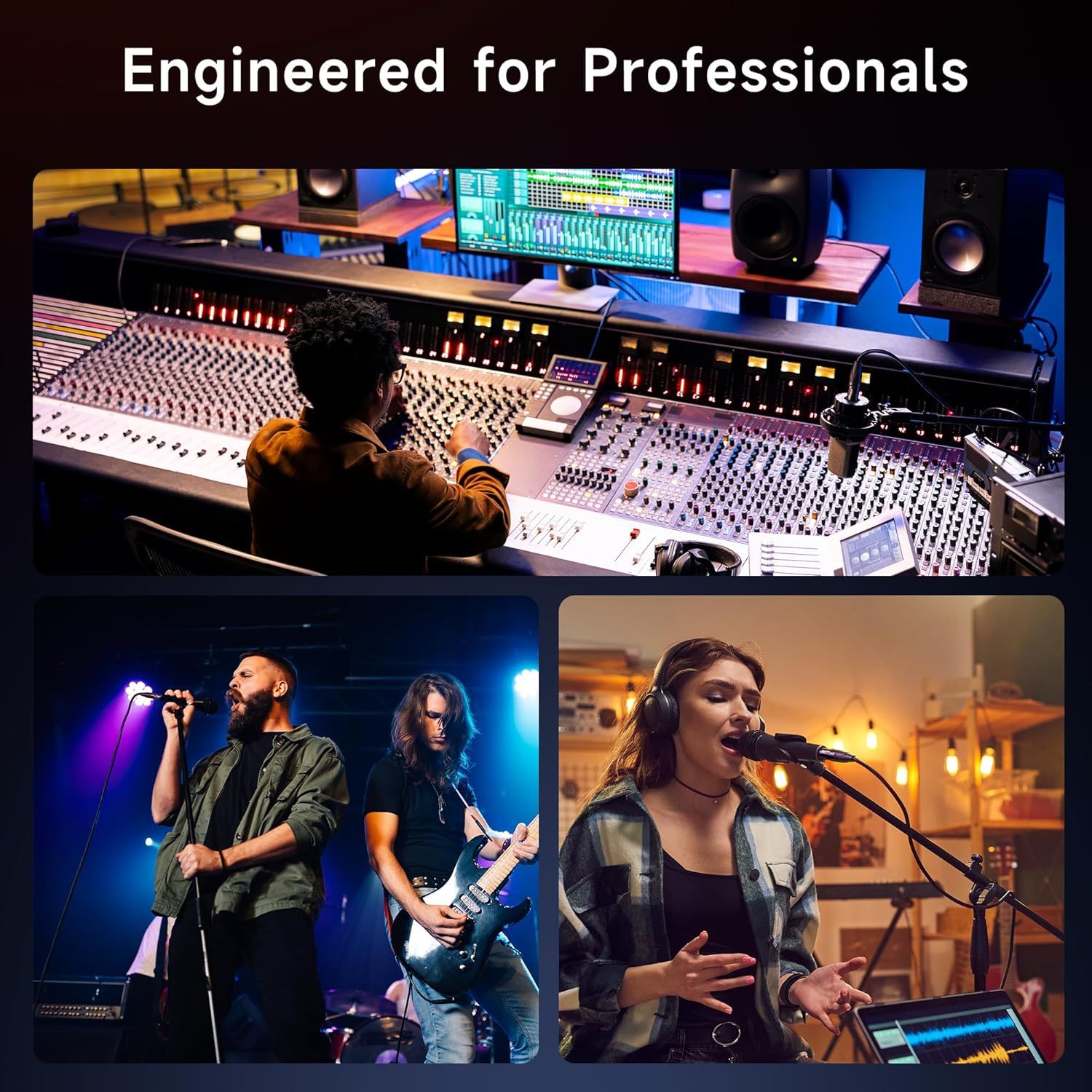 Demonstrates the versatility of the product across multiple professional use cases including studio mixing, live stage performance, and vocal recording to show it meets diverse professional audio…