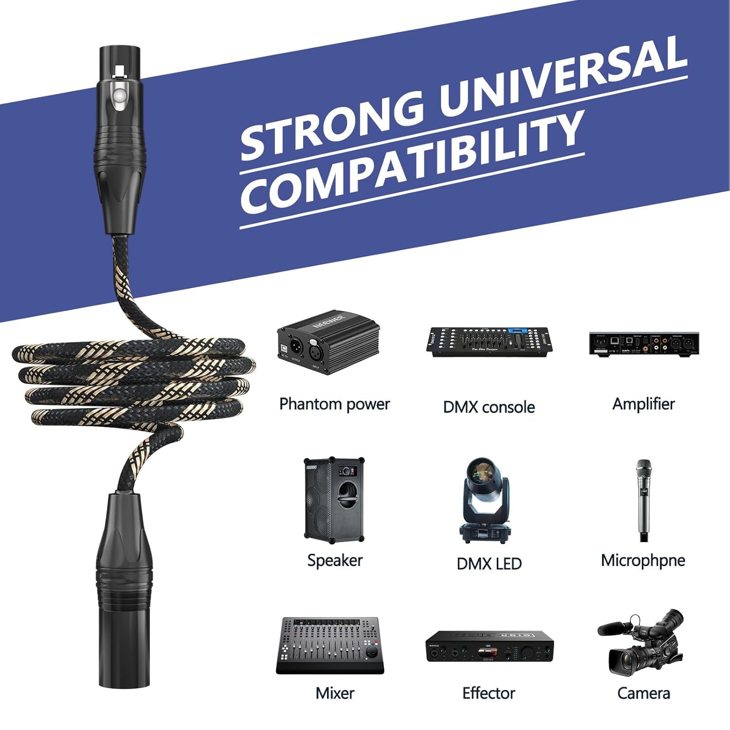 Demonstrates that the cable is compatible with a wide range of professional audio and video equipment including phantom power, DMX consoles, amplifiers, speakers, DMX LEDs, microphones, mixers,…