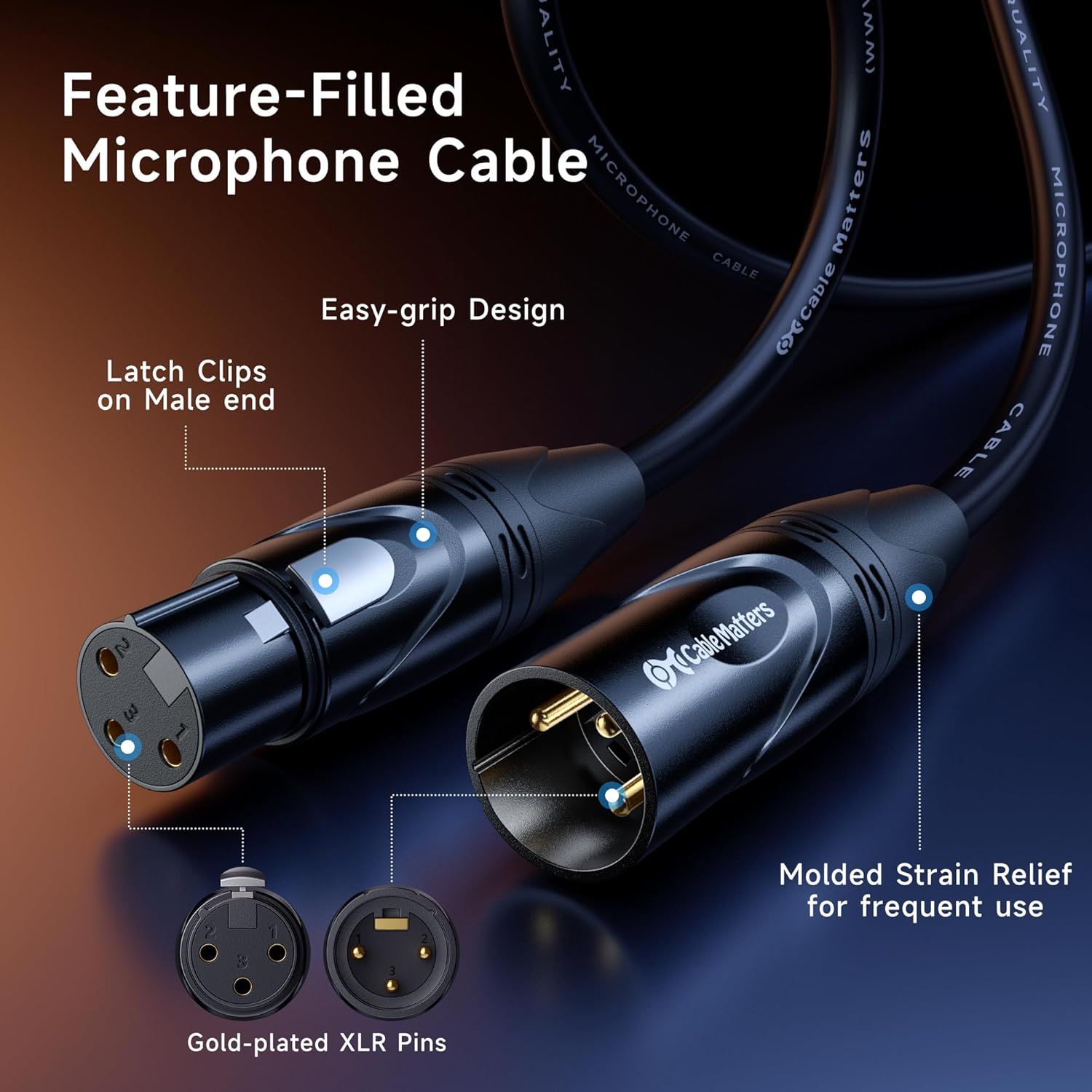 This image breaks down the microphone cable by highlighting specific functional components such as latch clips, easy-grip design, gold-plated XLR pins, and molded strain relief to help shoppers…