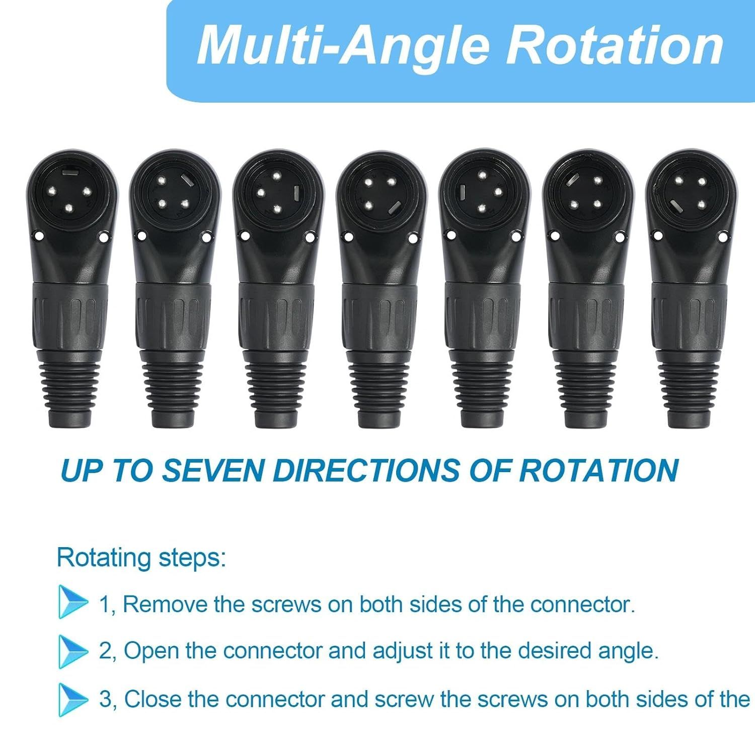 Instructs shoppers on how to adjust the connector to different angles by following a 3-step process, reducing setup confusion and demonstrating ease of use. Highlights the product's ability to…