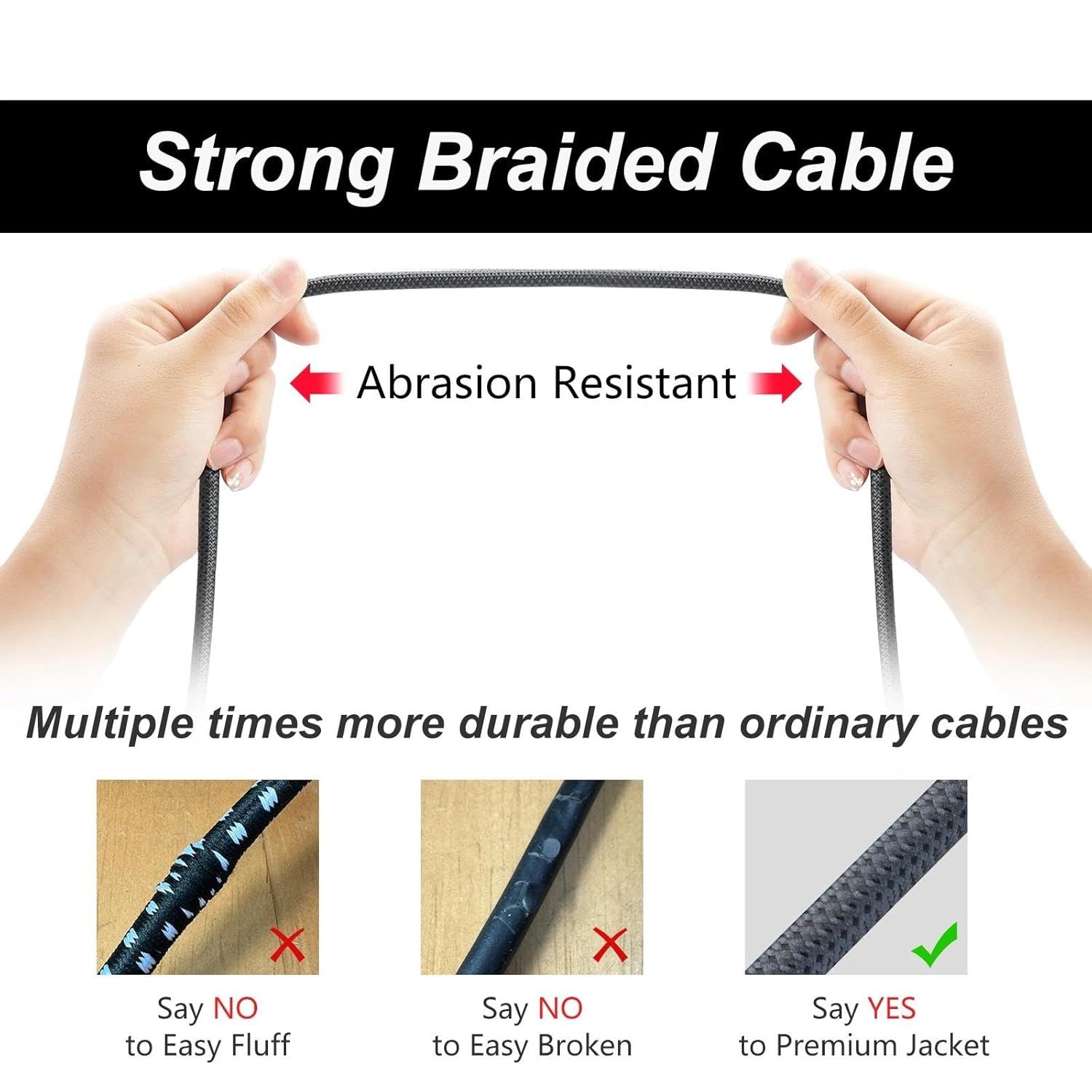 Highlights the cable's durability and abrasion resistance to reassure shoppers that this product is stronger and longer-lasting than ordinary cables.