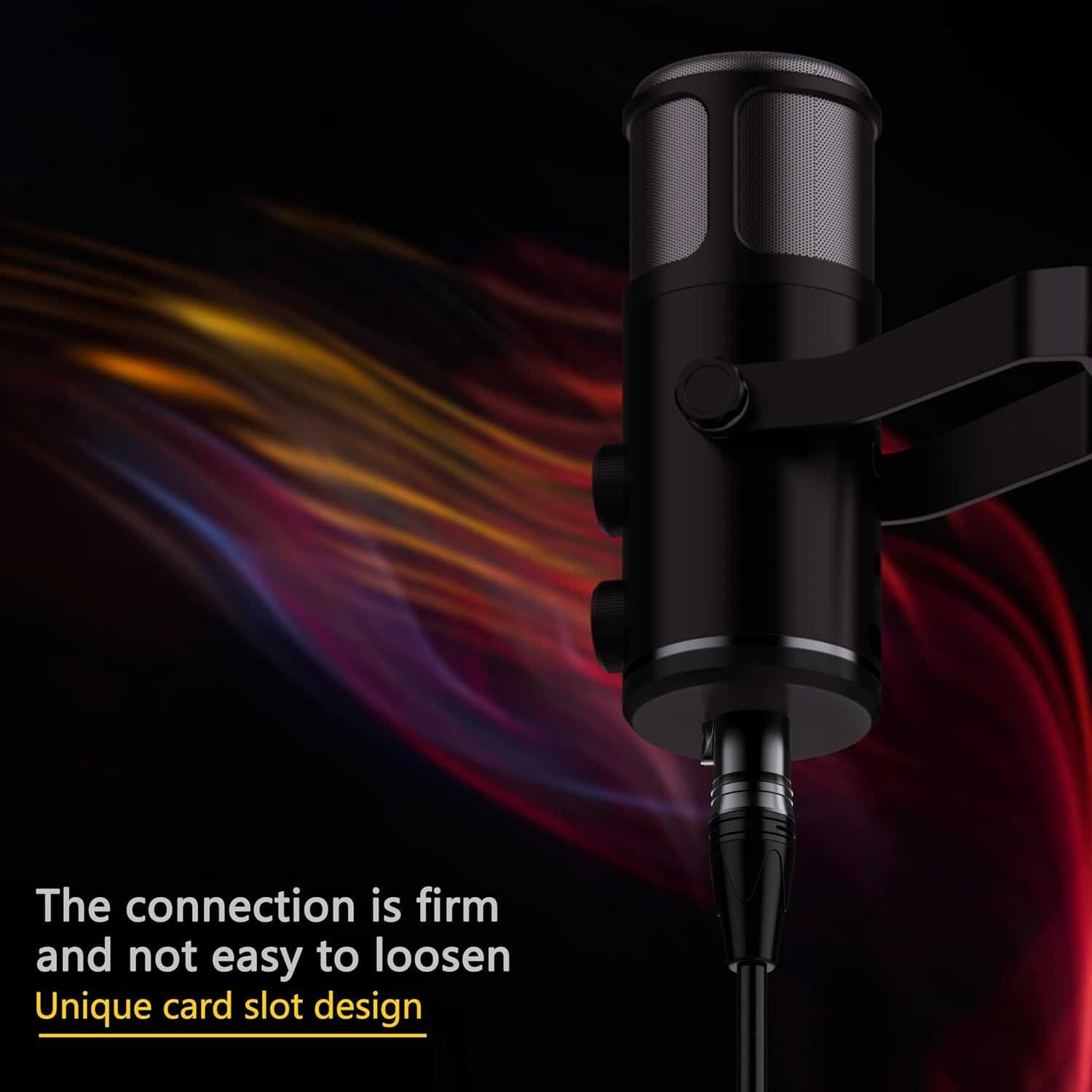 Highlights the microphone's secure connection mechanism with a unique card slot design to reassure buyers that the connection is firm and reliable during use.