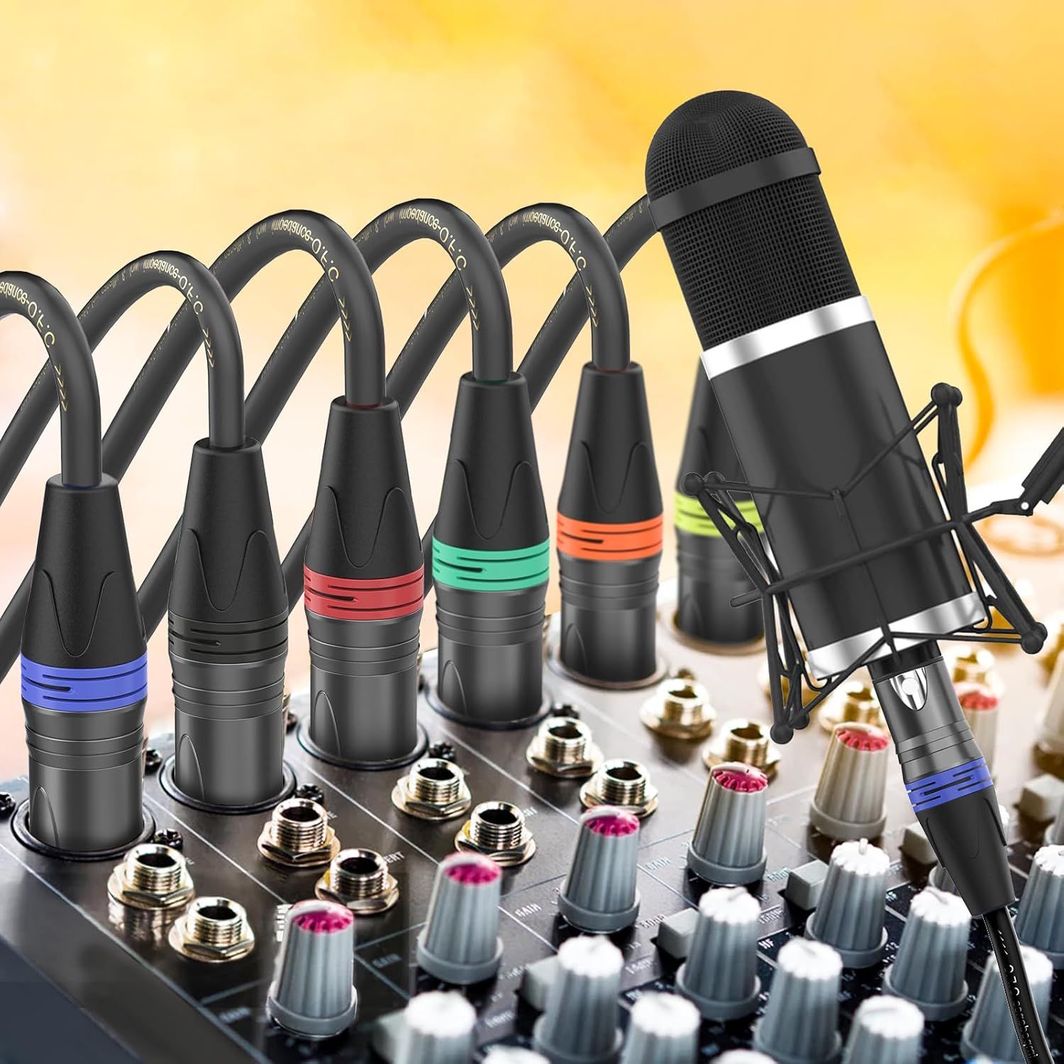 Shows the complete package contents including multiple microphones with color-coded rings, an audio mixer, cables, and accessories to demonstrate the comprehensive nature of the bundle and what the…