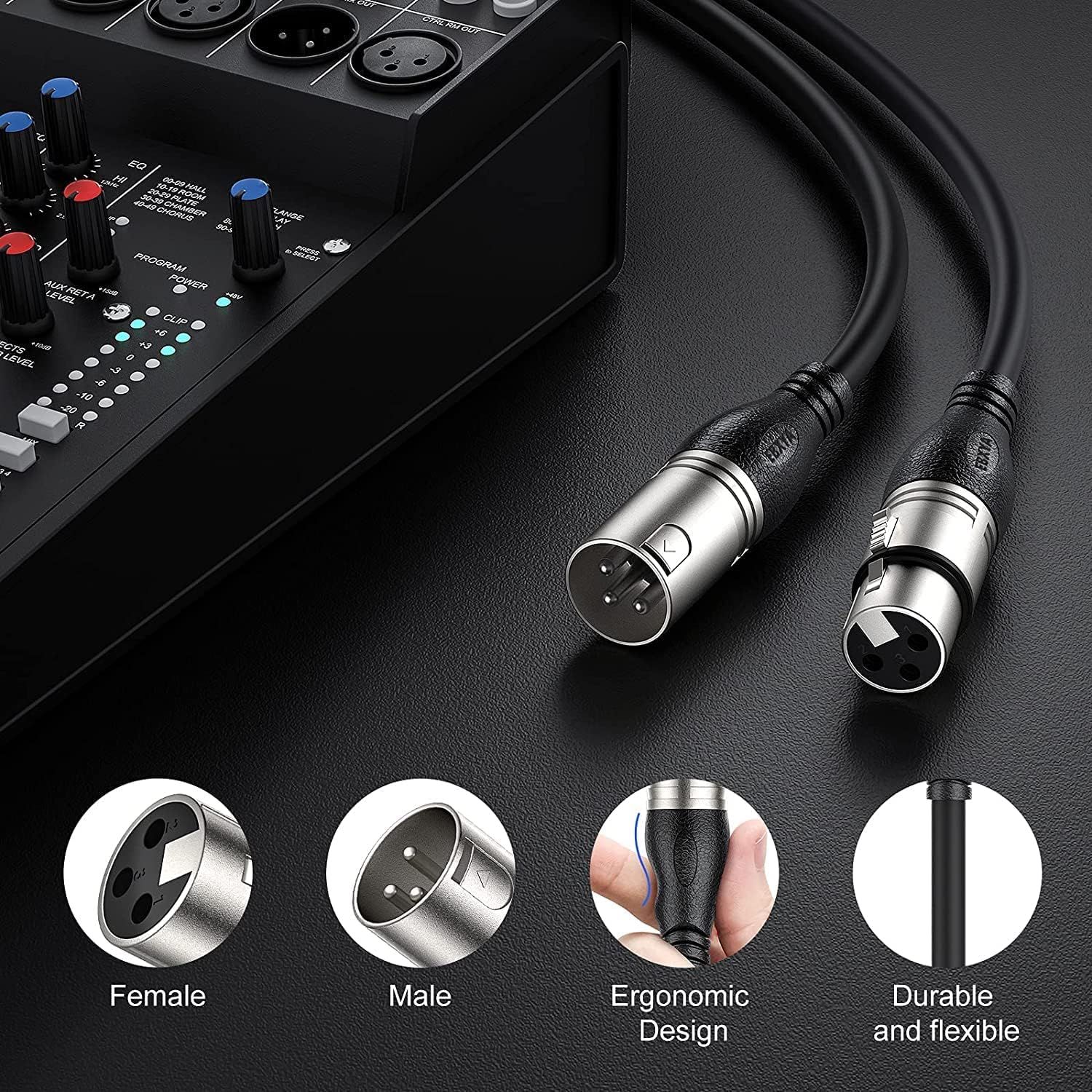 Showcases multiple features of the XLR audio cable including connector types, ergonomic handling, and cable durability to help shoppers understand the product's quality and versatility.