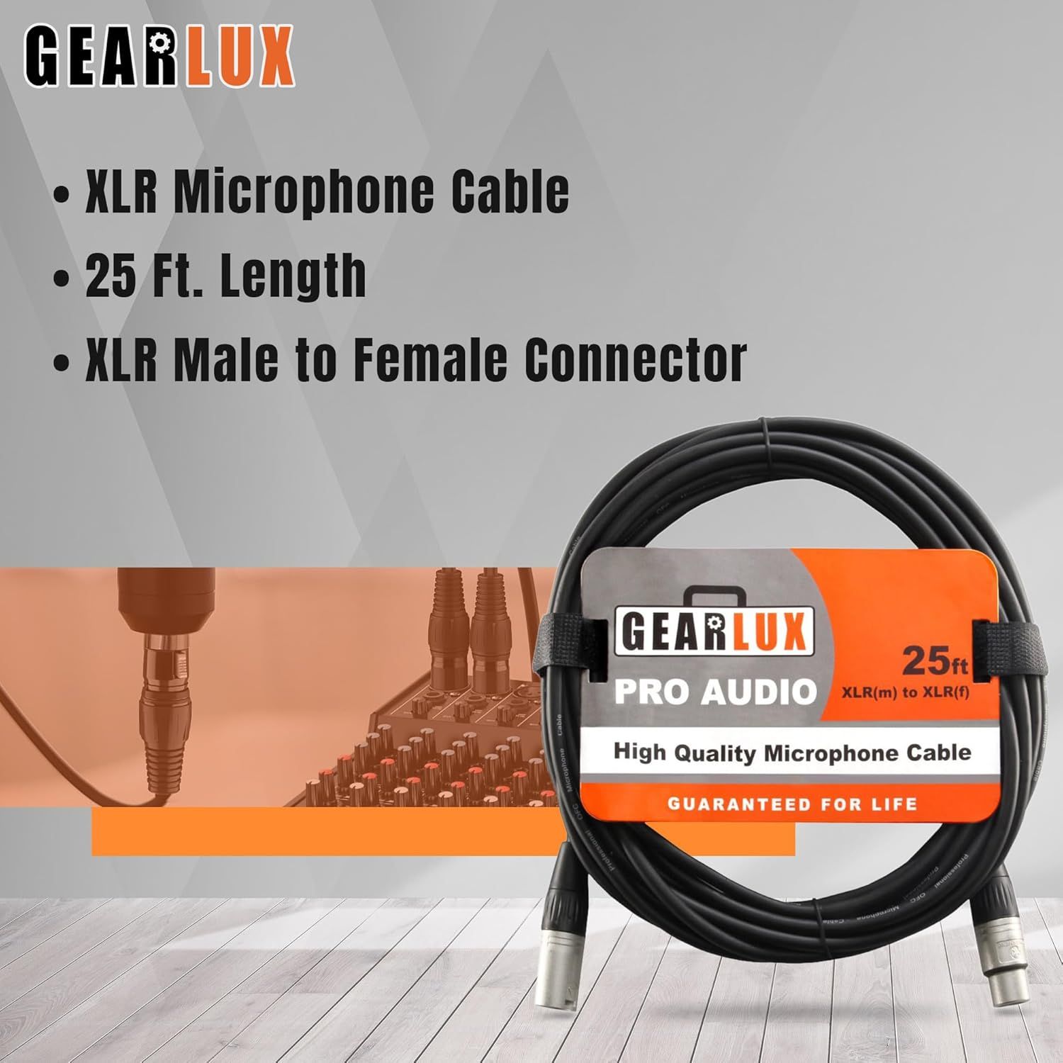 Communicates multiple key features of the microphone cable including cable type, length, connector type, quality, and warranty to help shoppers quickly assess product specifications.
