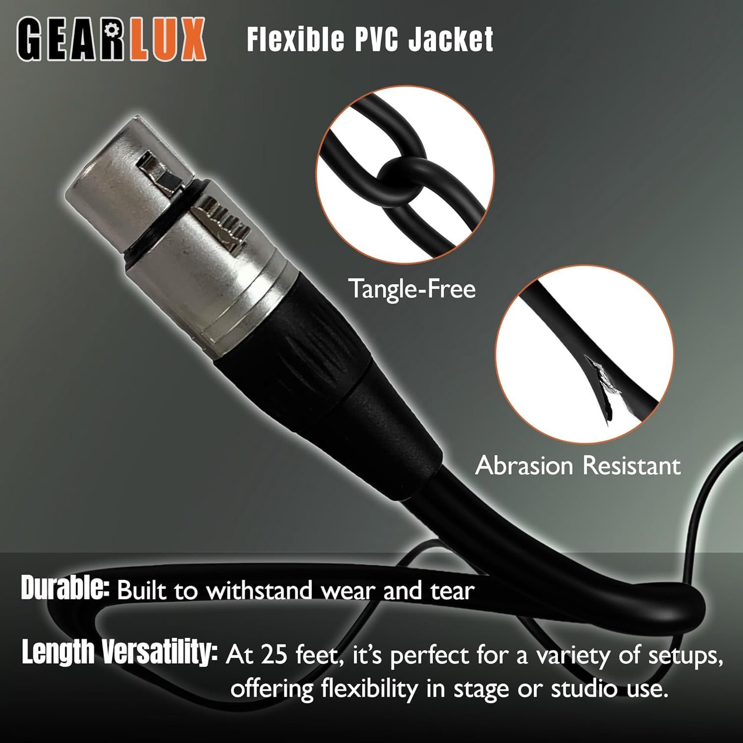 Showcases multiple benefits of the flexible PVC jacket cable including tangle-free design, abrasion resistance, durability, and versatile 25-foot length for various setups.