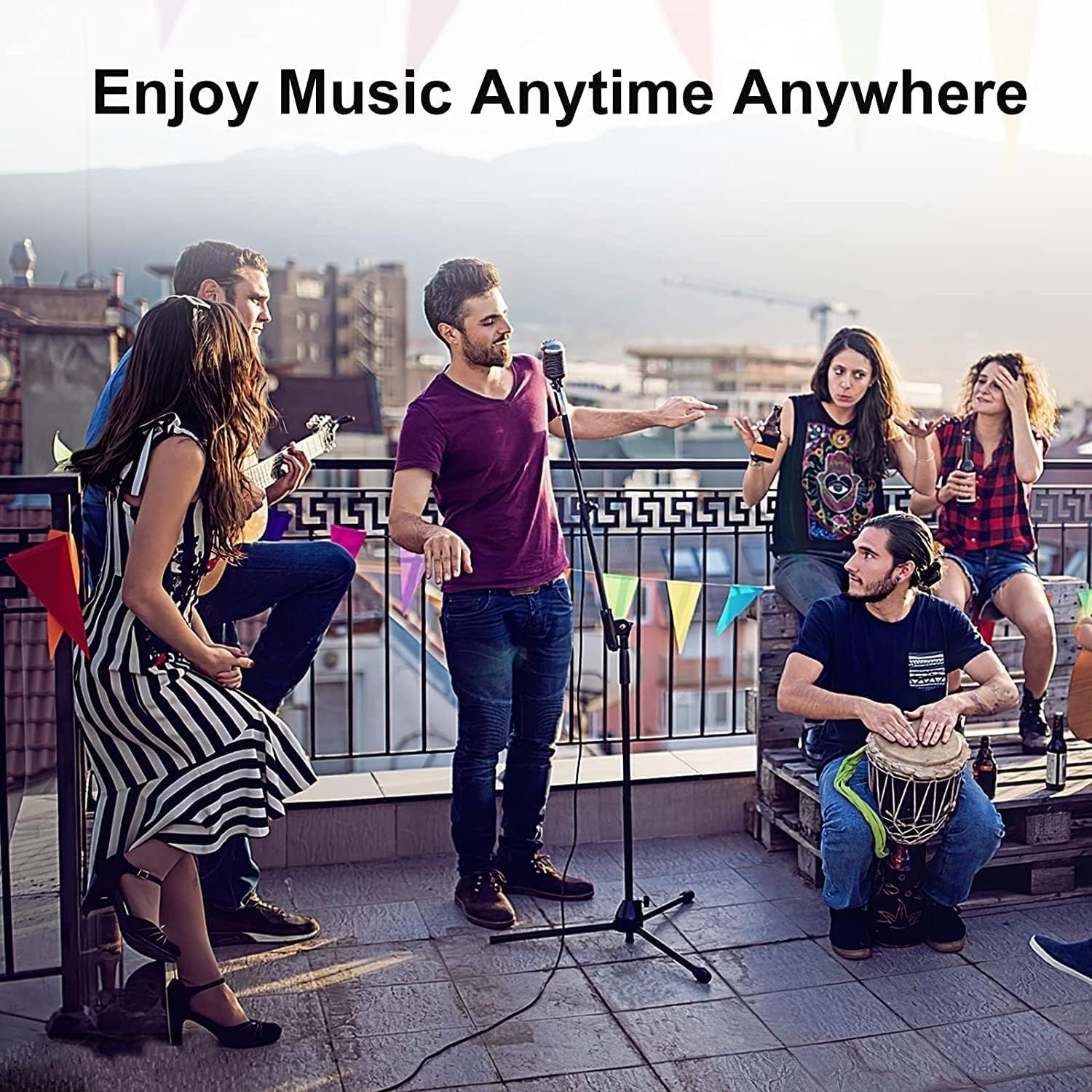 Demonstrates the versatility of the product by showing it can be used for music enjoyment in various social and outdoor settings, emphasizing portability and group entertainment.
