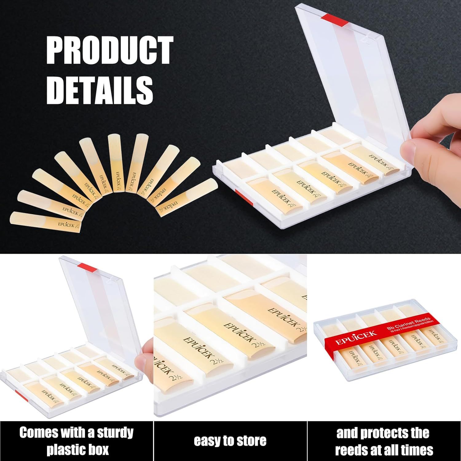 Communicates multiple benefits of the product including its protective storage case, ease of storage, and ability to protect the reeds at all times.