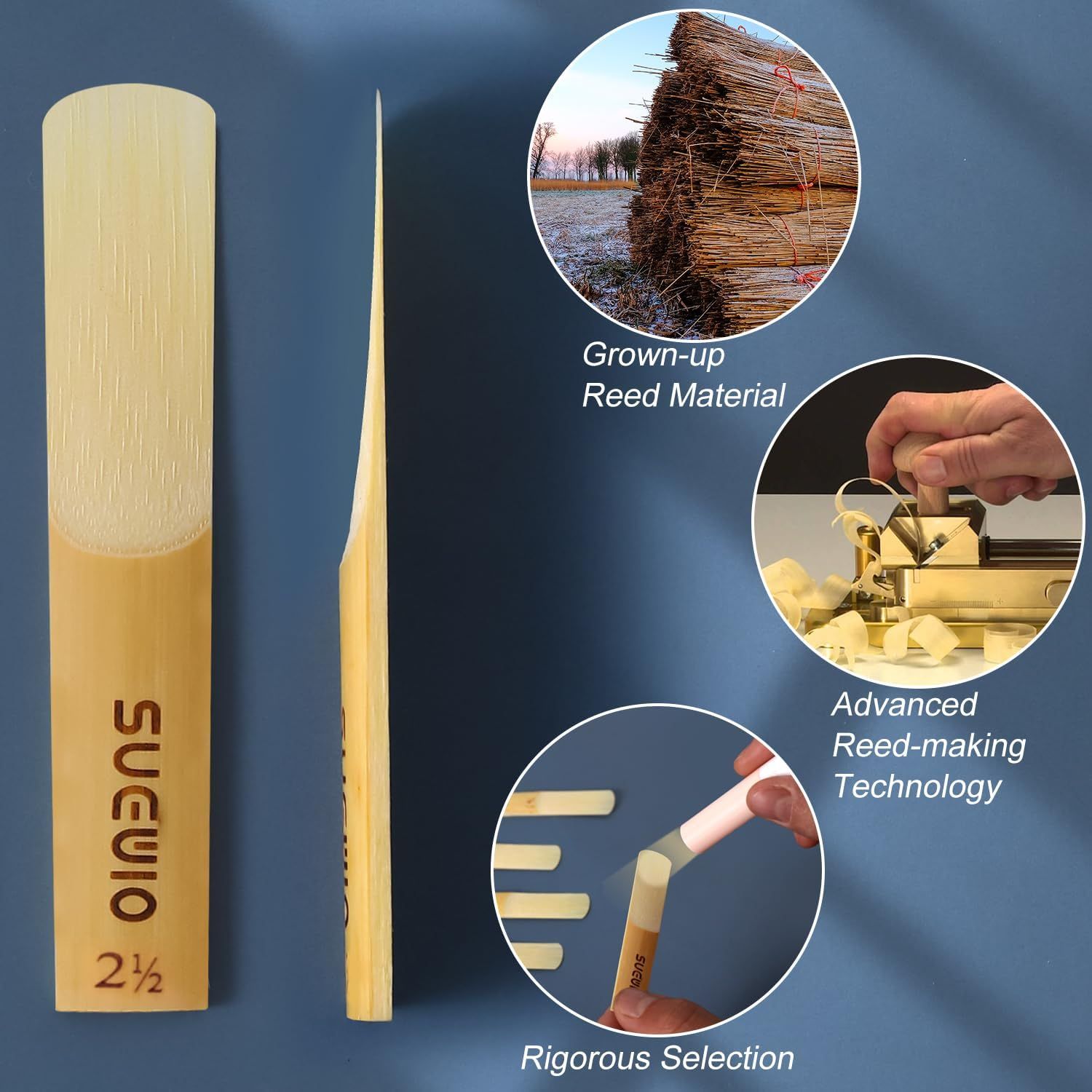 Communicates the quality and craftsmanship of the reed by highlighting three key aspects: natural material sourcing, advanced manufacturing technology, and careful quality control.