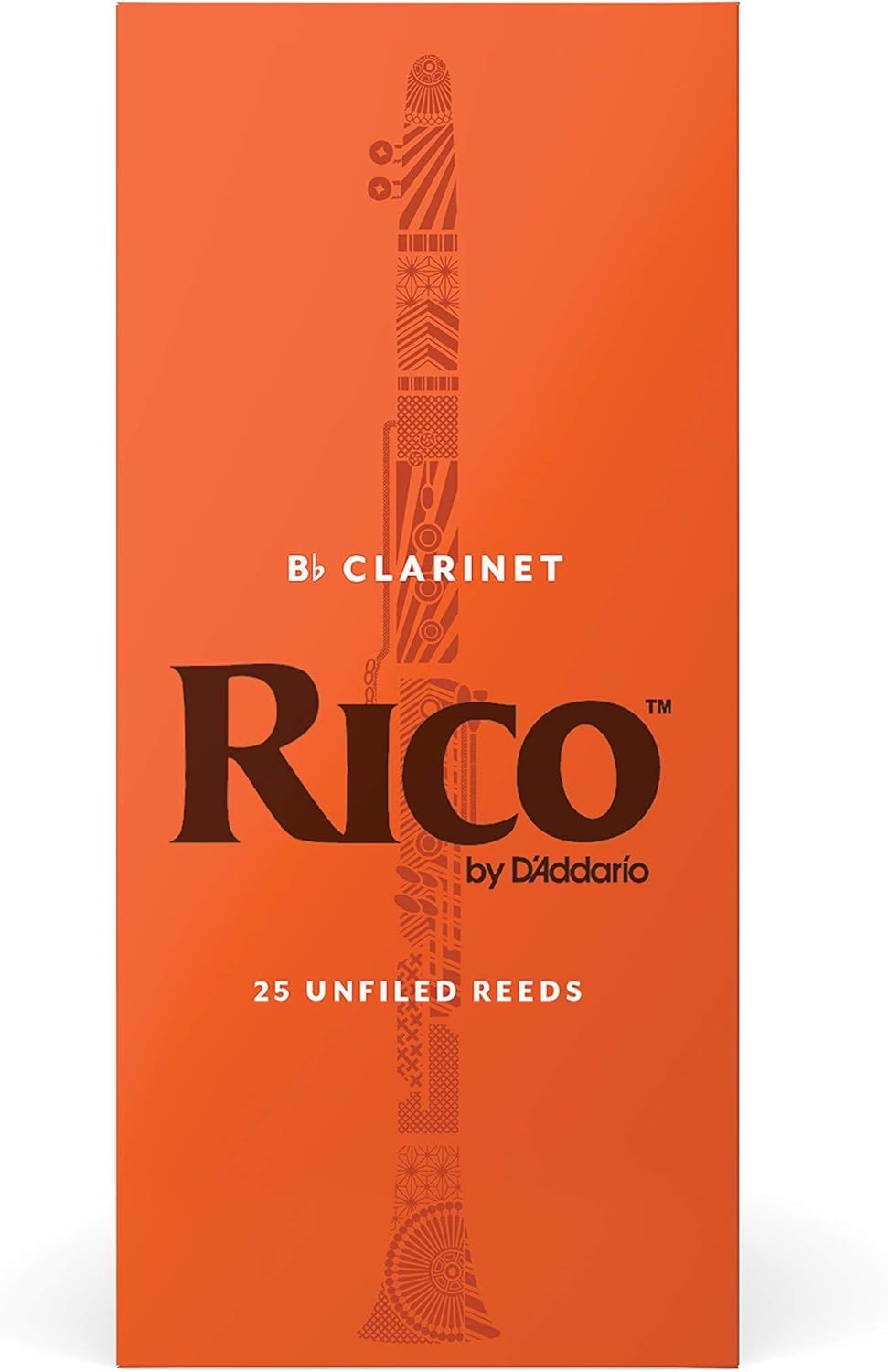Emphasizes the Rico by D'Addario brand identity and product line for Bb clarinet reeds, reinforcing brand recognition and trust with musicians.