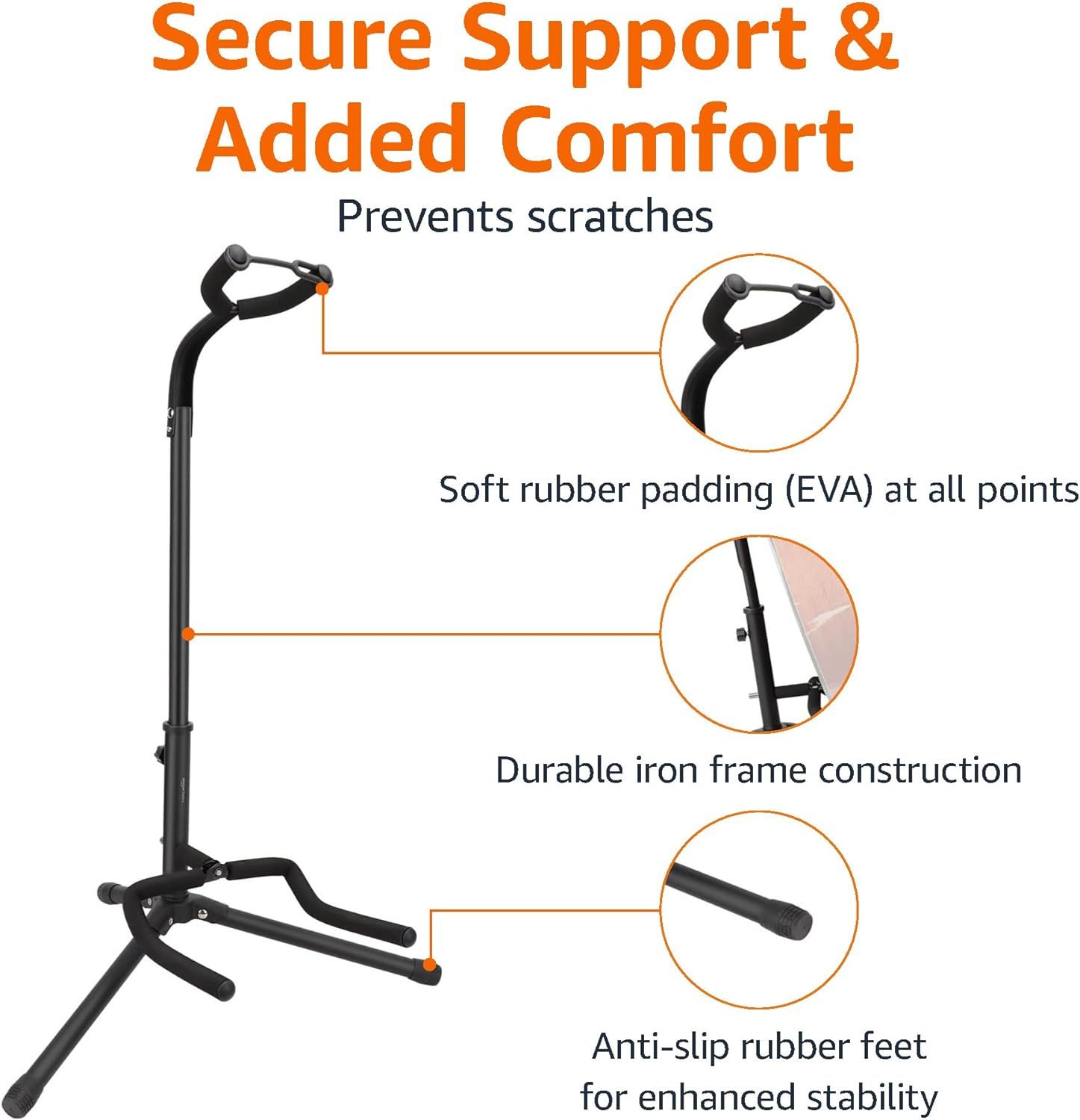 Showcases multiple features of the guitar stand including scratch prevention, soft padding, durable construction, and stability to reassure shoppers of its protective and supportive qualities.