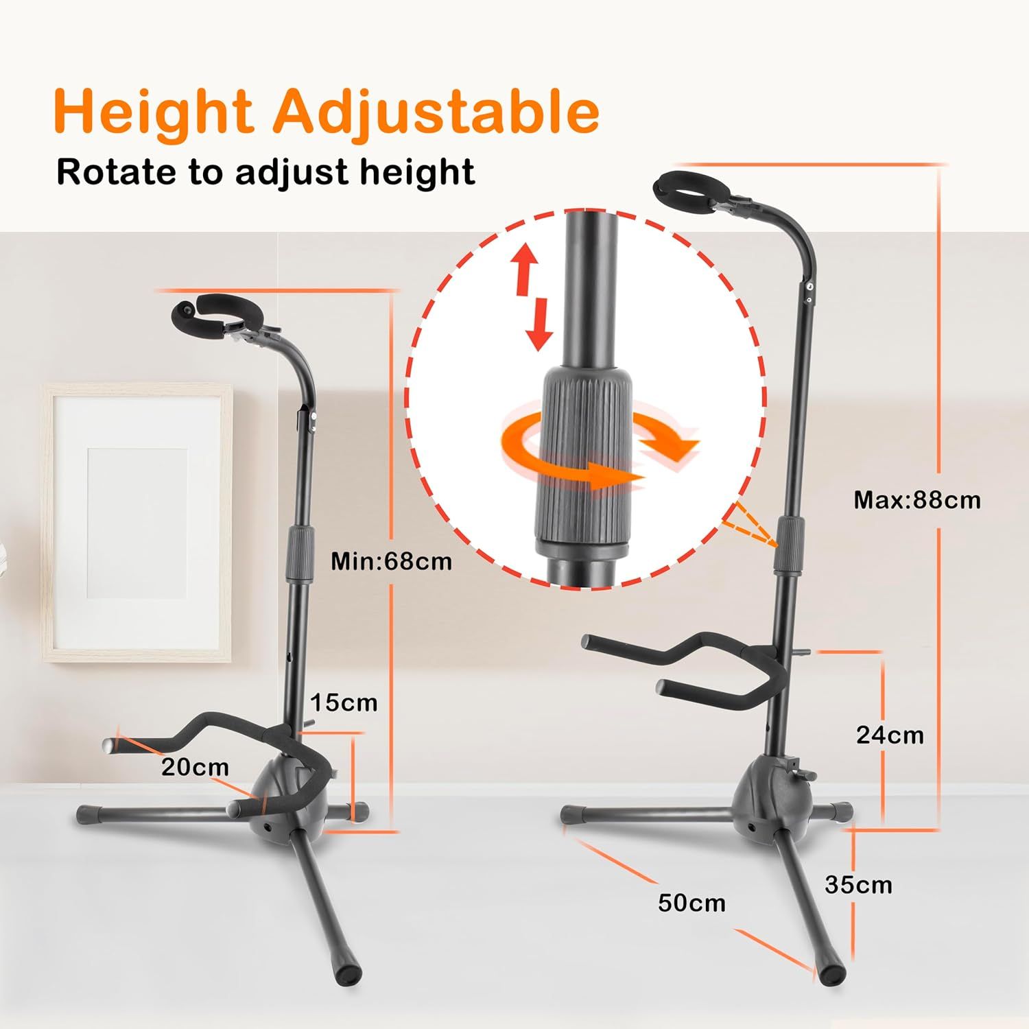 Communicates that the product stand can be adjusted in height by rotating the central column, providing flexibility for different user needs and viewing angles.