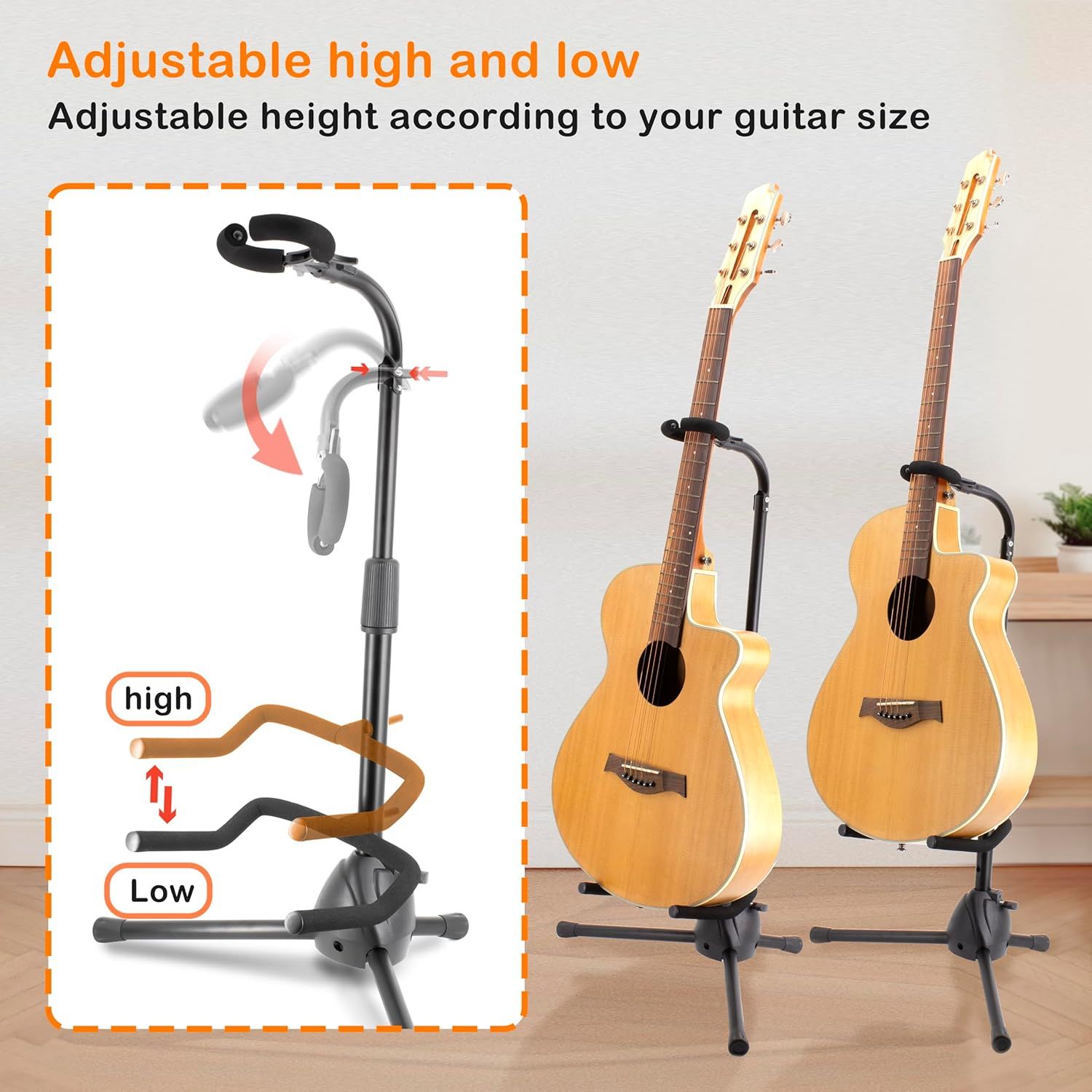 Communicates that the guitar stand can be adjusted to accommodate different guitar sizes, providing versatility and proper fit for various instruments.