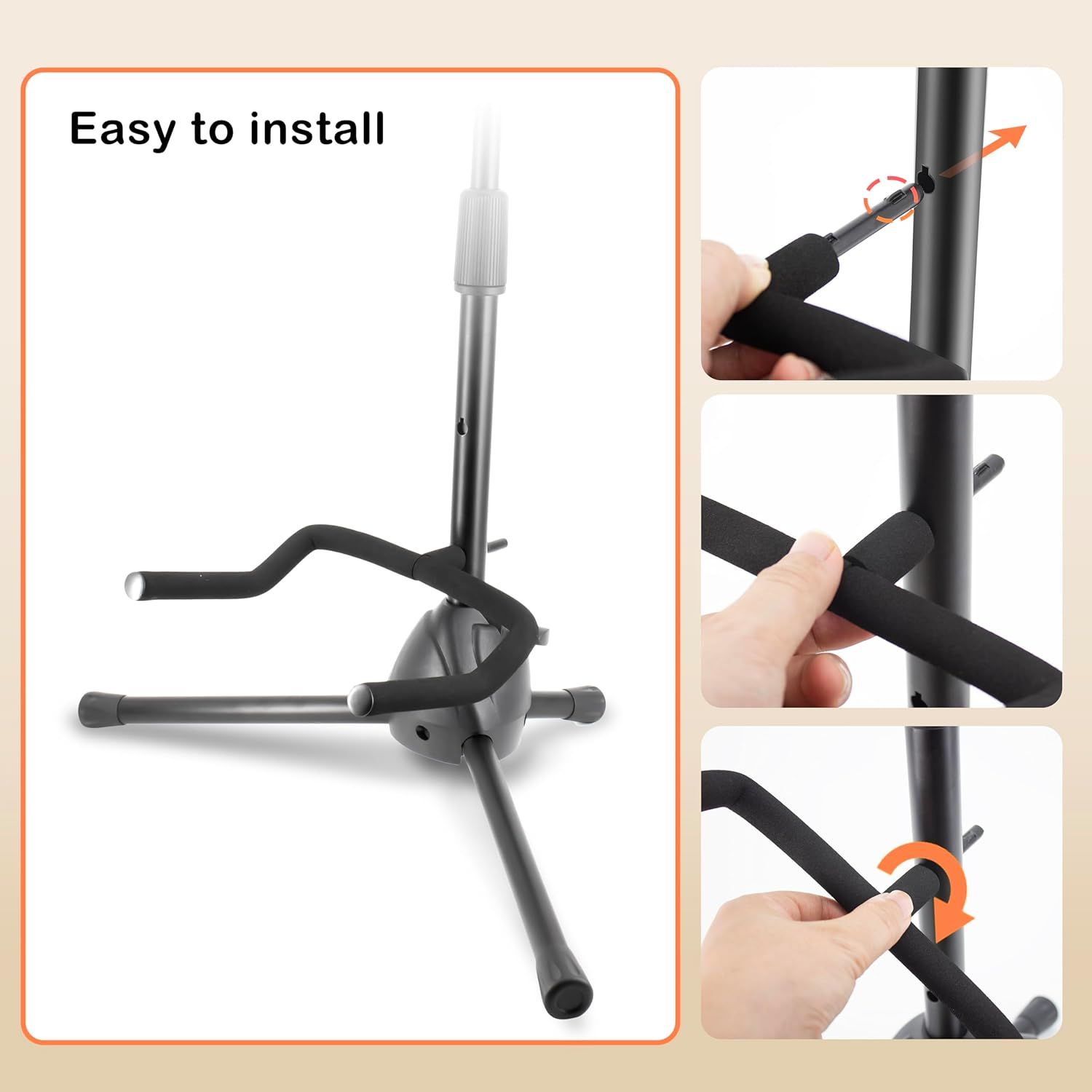 Demonstrates the step-by-step installation process for the product stand, showing shoppers how simple it is to assemble the tripod legs onto the central pole.