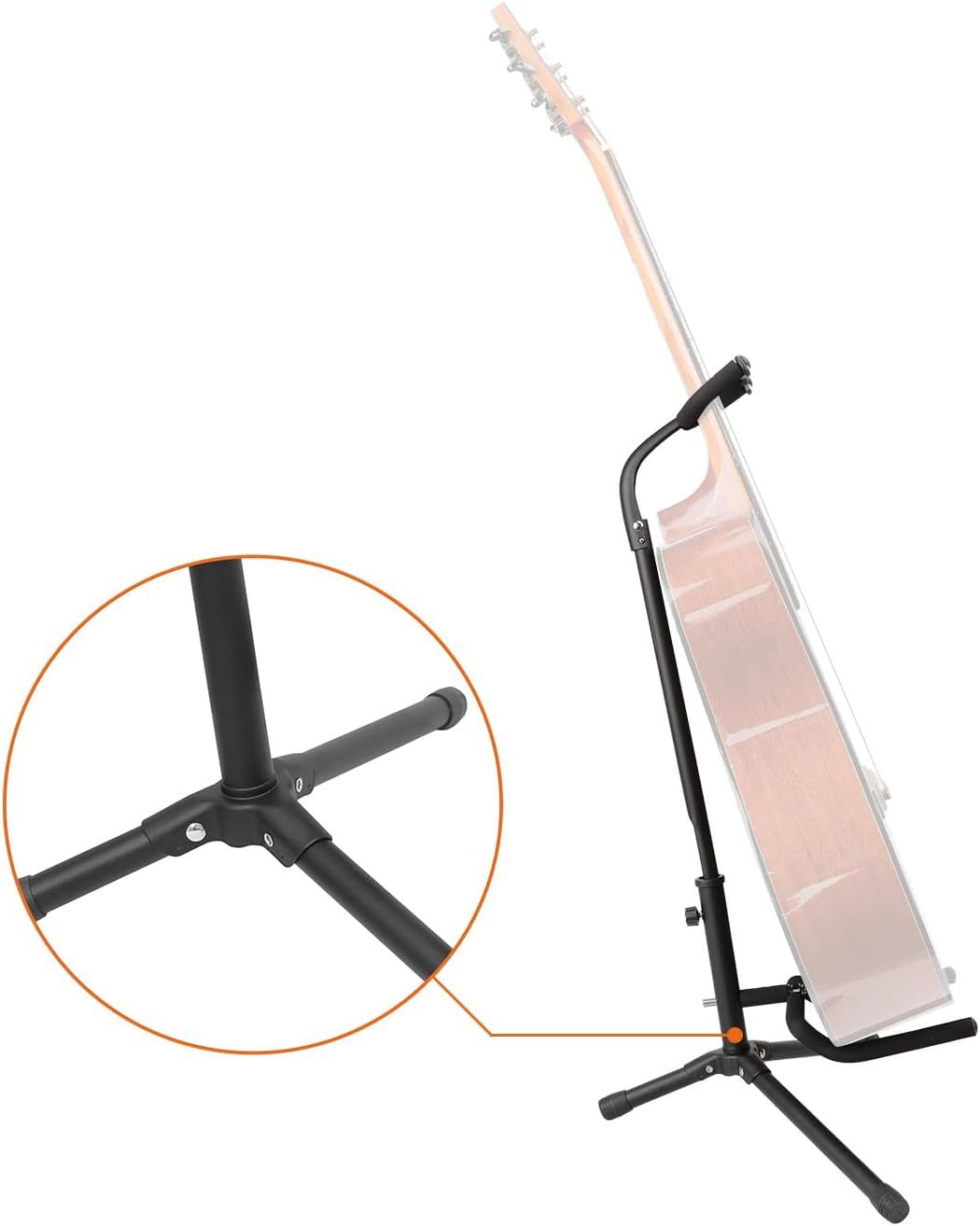 Highlights the tripod base structure of the guitar stand with a zoomed-in callout to show the stability and construction details of the three-legged support system.