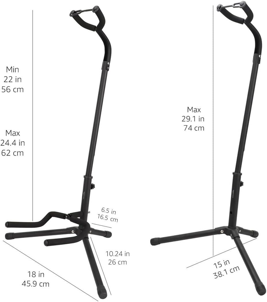 Communicates the exact dimensions of the guitar stand in both imperial and metric units, showing minimum and maximum height adjustability and base footprint to help shoppers understand if it will…