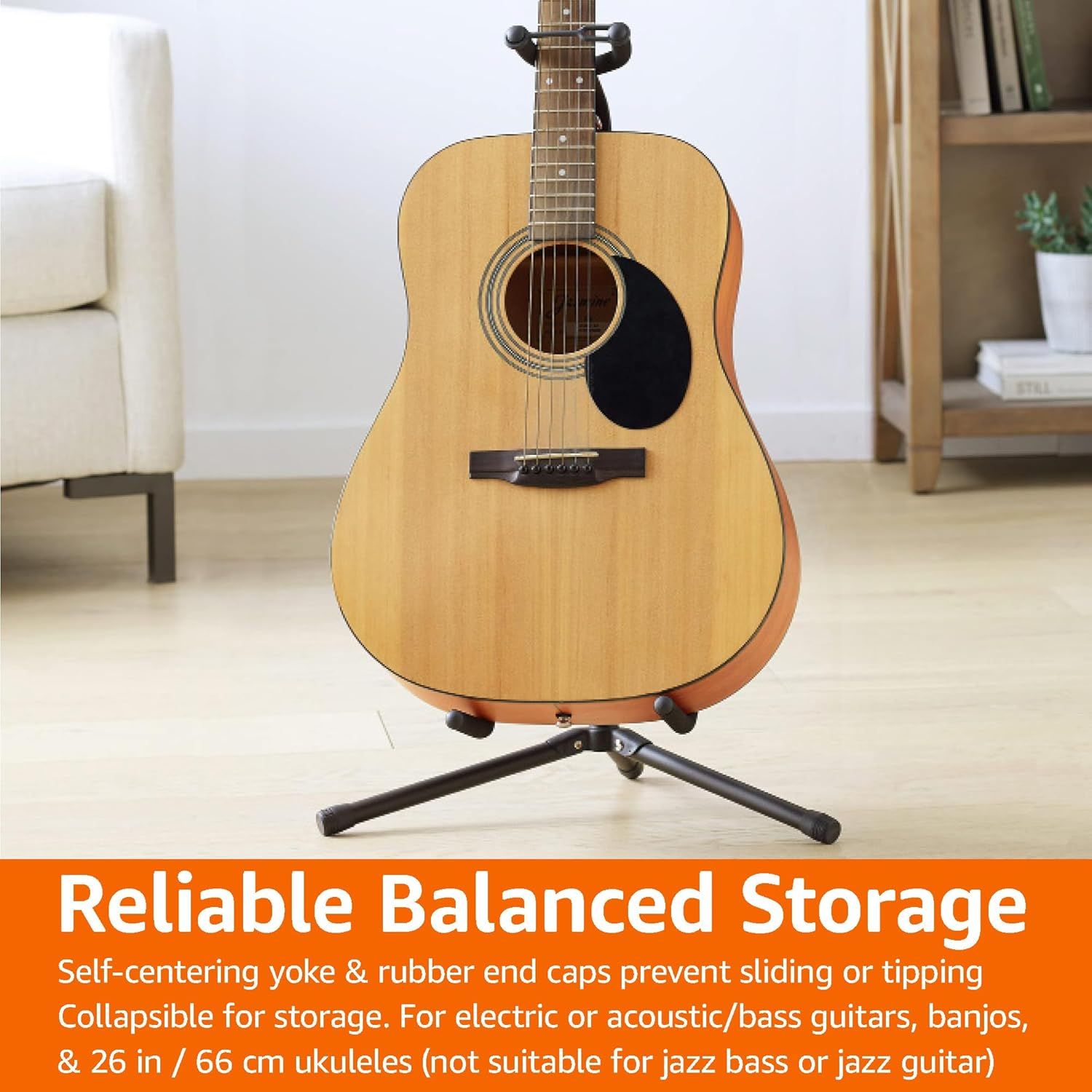 Communicates that the guitar stand provides stable, balanced storage with a self-centering yoke and rubber end caps to prevent sliding or tipping, and is collapsible for easy storage.