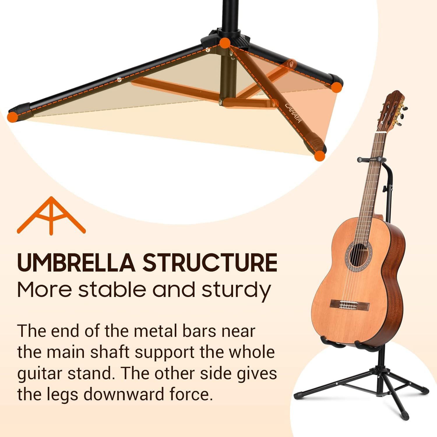 Communicates how the umbrella-style tripod base design provides enhanced stability and sturdiness for the guitar stand, reassuring shoppers that their instrument will be securely supported.