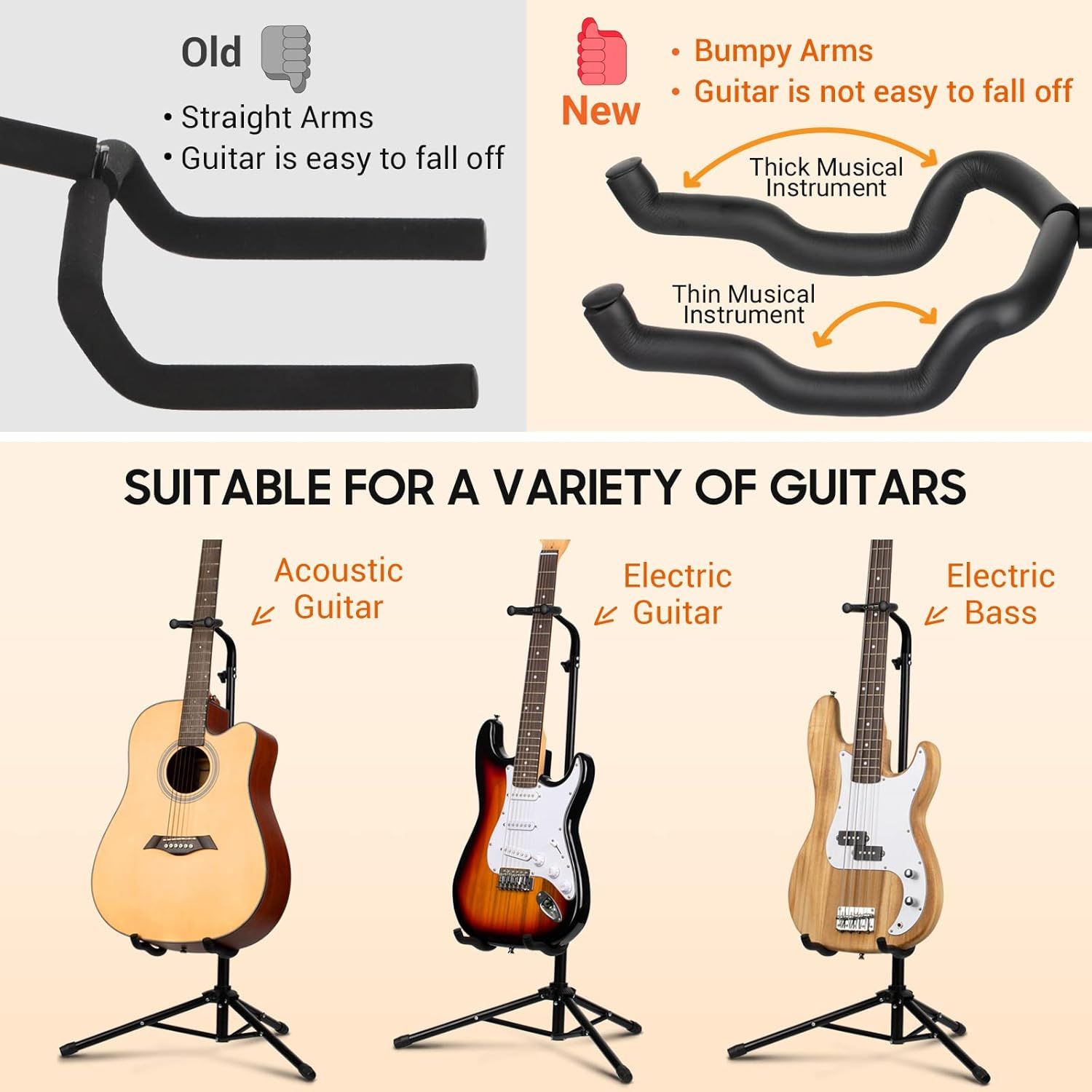 Compares the old straight-arm design with the new bumpy-arm design to show how the improved version prevents guitars from falling off and accommodates different instrument thicknesses. Demonstrates…