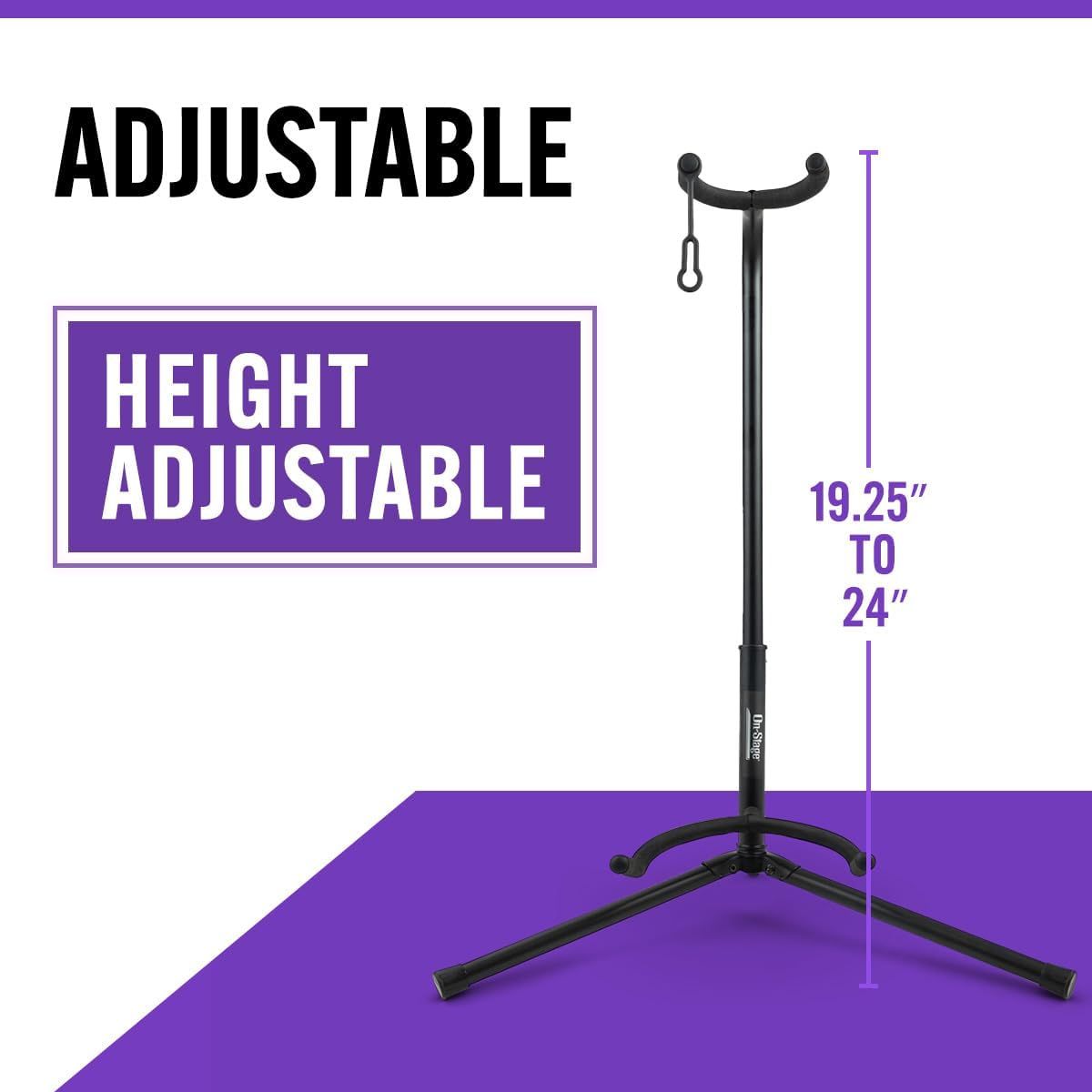 Communicates that the product stand can be adjusted in height from 19.25 inches to 24 inches, allowing users to customize it to their preferred working height.