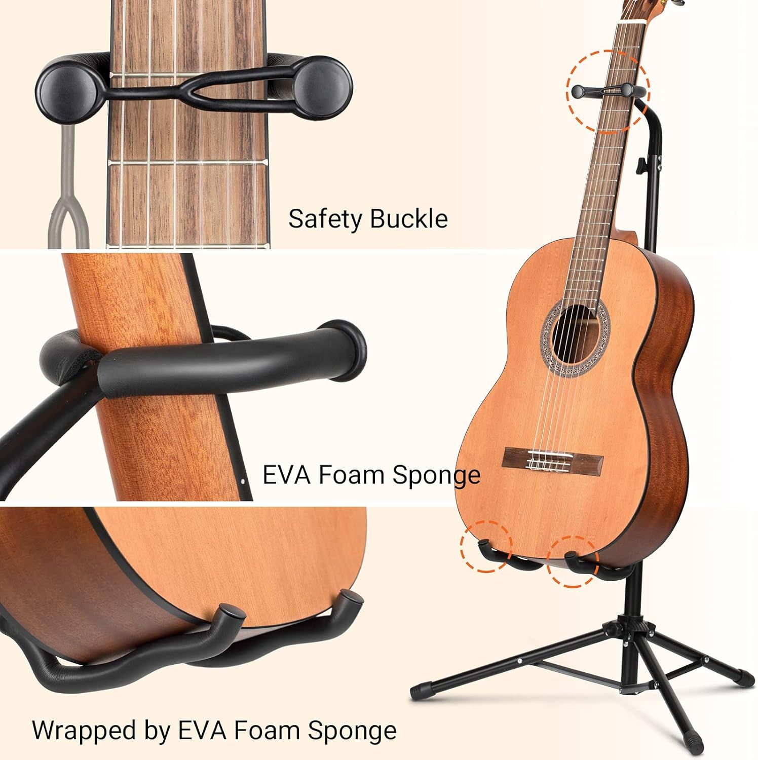 Highlights the specific protective and safety features of the guitar stand, showing the safety buckle and EVA foam sponge components to reassure customers that the stand will securely hold and…