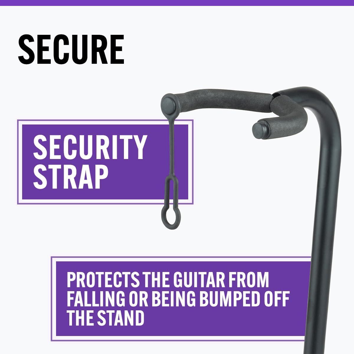 Highlights the security strap feature that protects the guitar from falling or being bumped off the stand, providing peace of mind for instrument safety.