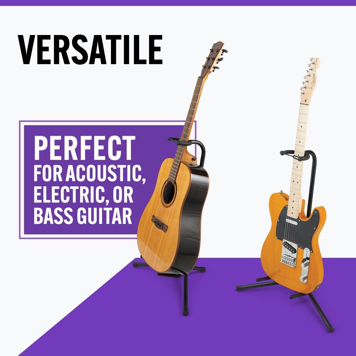 Demonstrates that the guitar stand is versatile and works with acoustic, electric, and bass guitars, helping shoppers understand its broad compatibility and use cases.