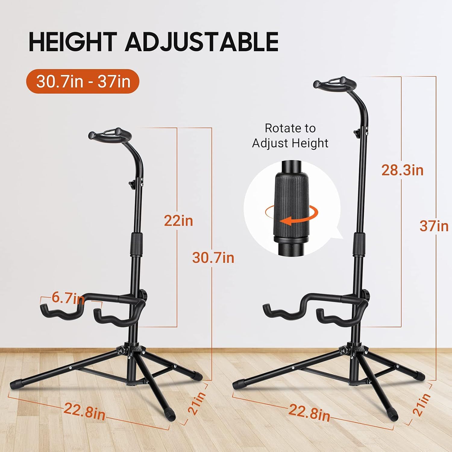Communicates the adjustable height range and exact dimensions of the guitar stand to help shoppers understand its size and adjustability for their needs. Highlights the height adjustability feature…