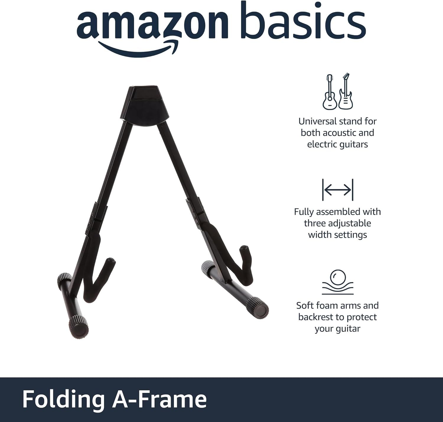 Communicates three key features of the guitar stand: compatibility with both acoustic and electric guitars, adjustable width settings, and protective soft foam to prevent damage.