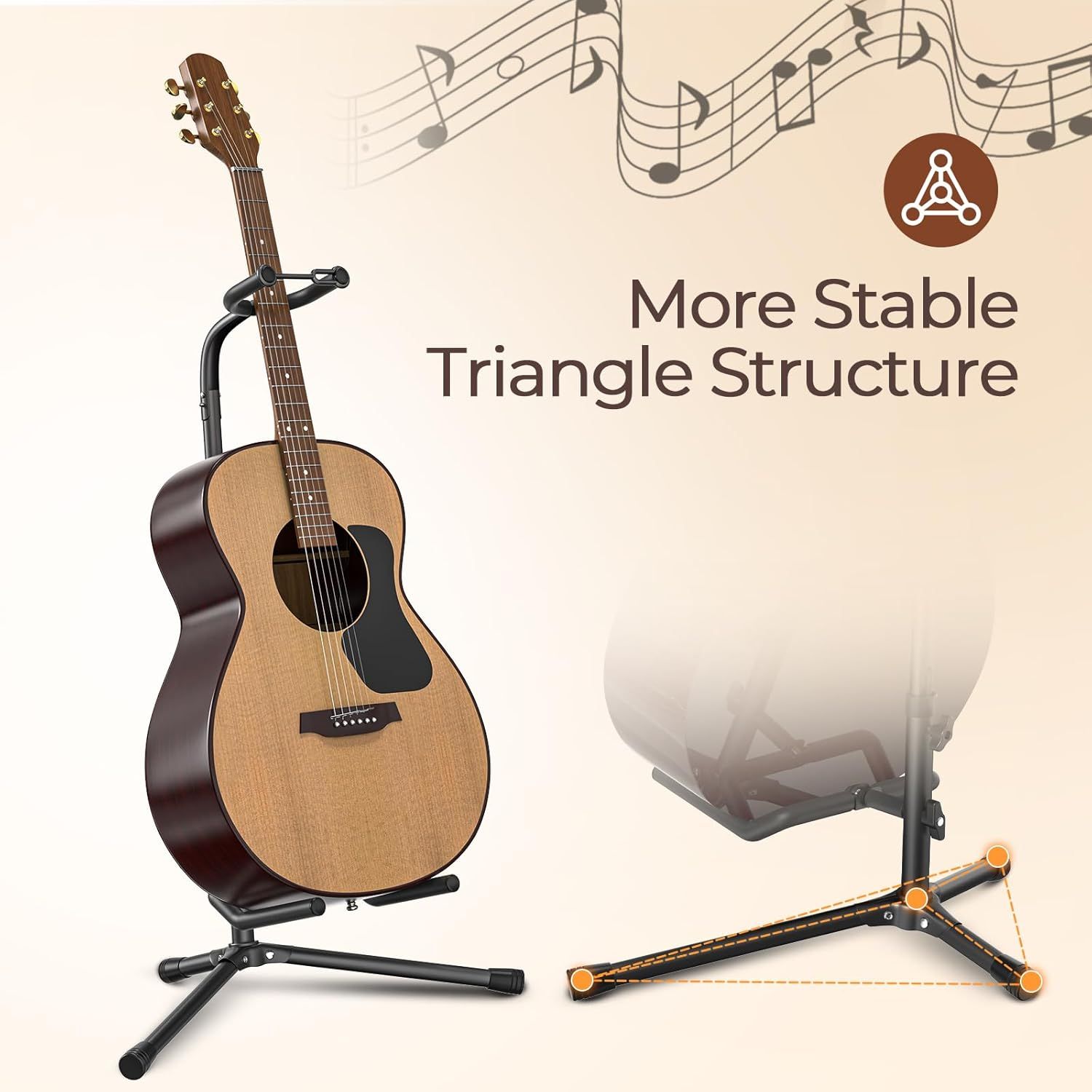 Highlights the guitar stand's stable triangle base design to reassure shoppers that it provides secure and reliable support for their instrument.