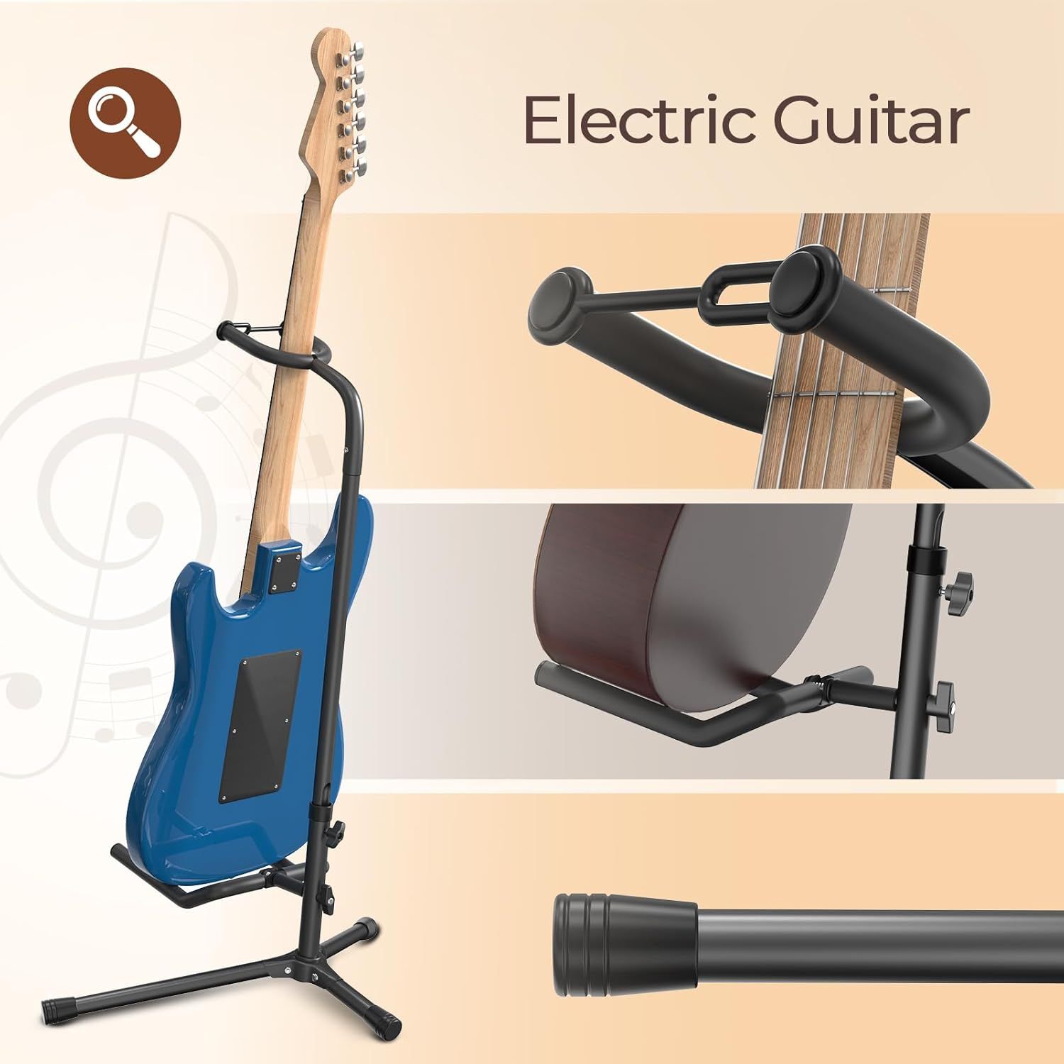 This image breaks down the guitar stand by highlighting specific structural components like the neck cradle, adjustable base, and padded support areas to help shoppers understand how the stand…