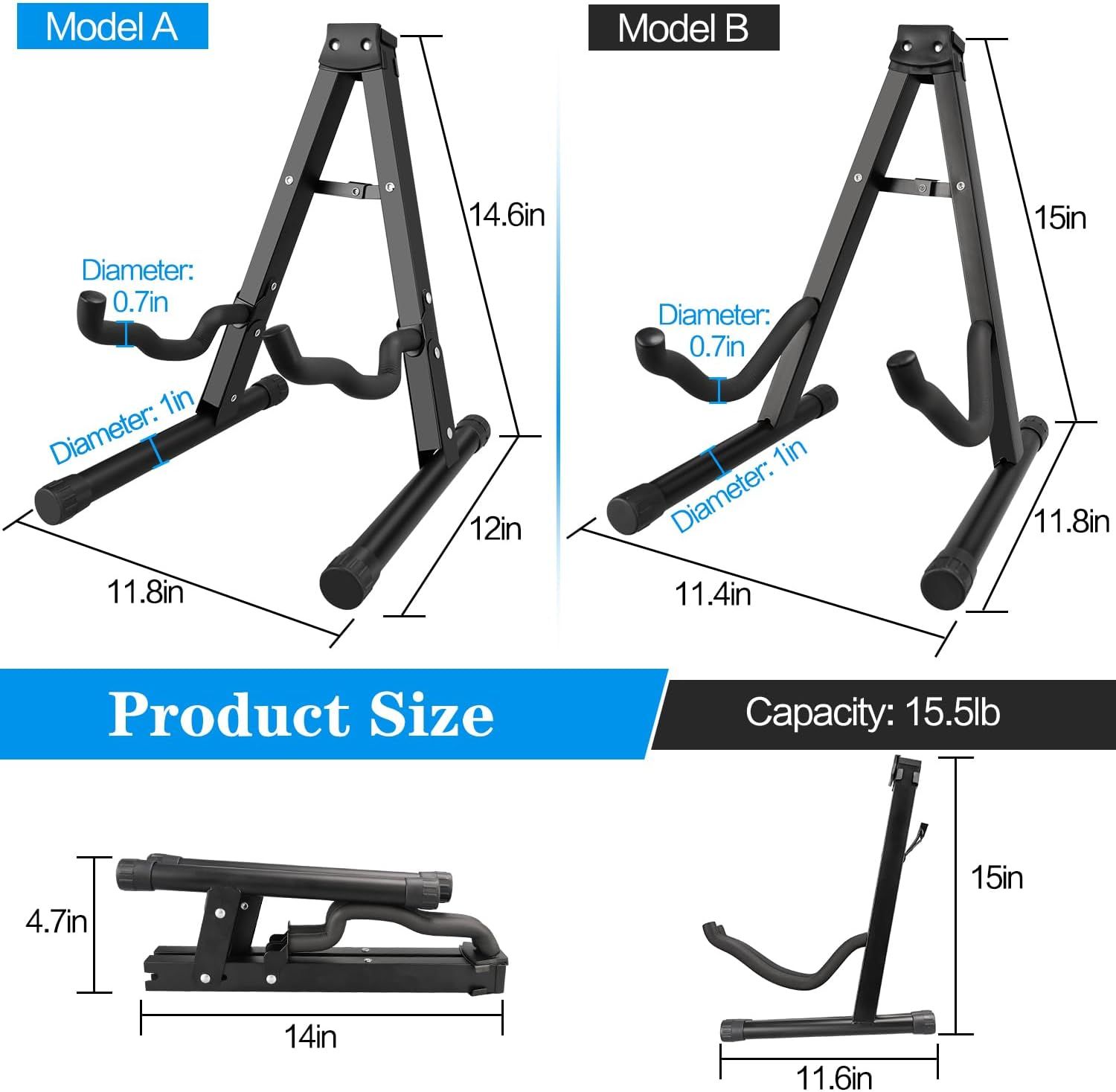 Provides detailed measurements of two different models of guitar stands, showing height, width, base diameter, and capacity to help shoppers understand the exact size and choose the right model for…
