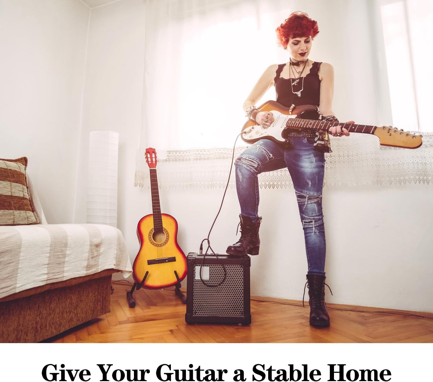 Demonstrates the product can be used in a home environment for guitar practice and playing, showing its versatility and suitability for residential settings.