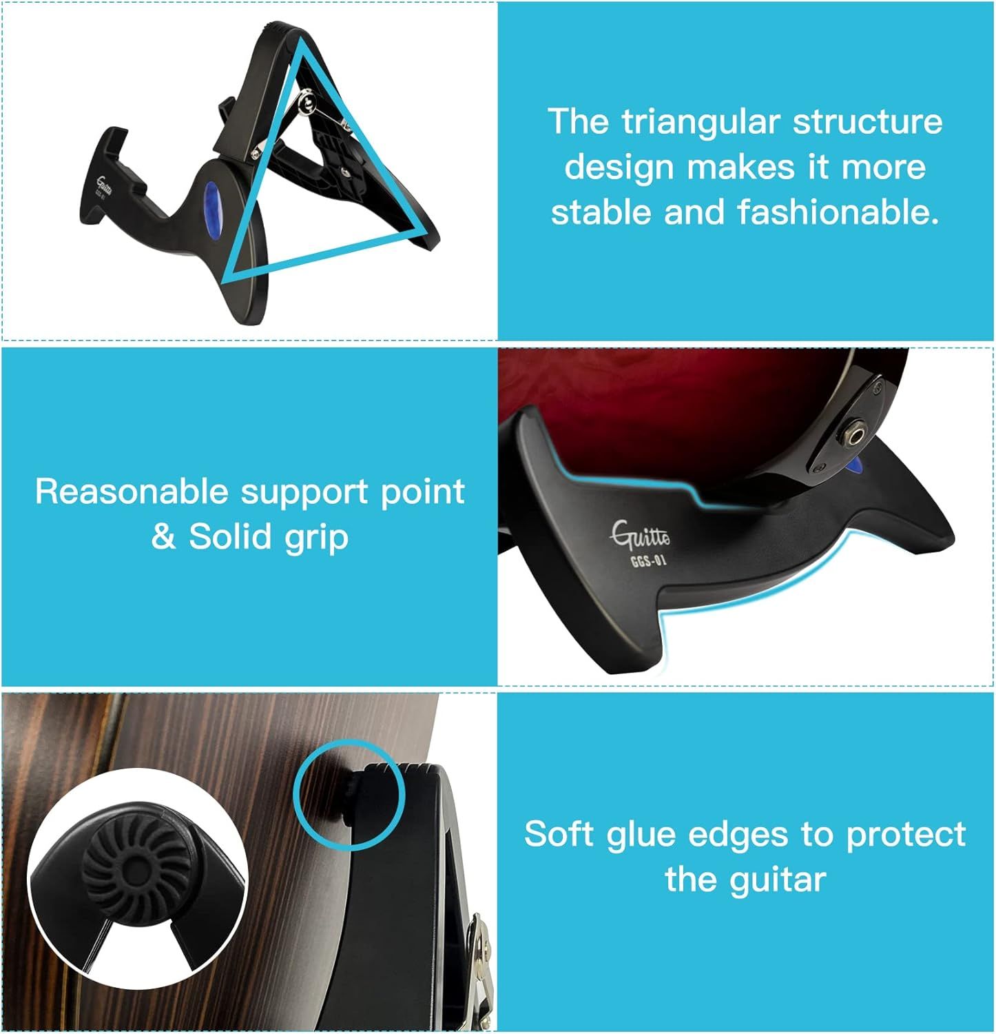 Showcases three distinct features of the guitar stand: the stable triangular design, the solid grip support, and the protective soft glue edges to reassure shoppers of its stability, functionality,…