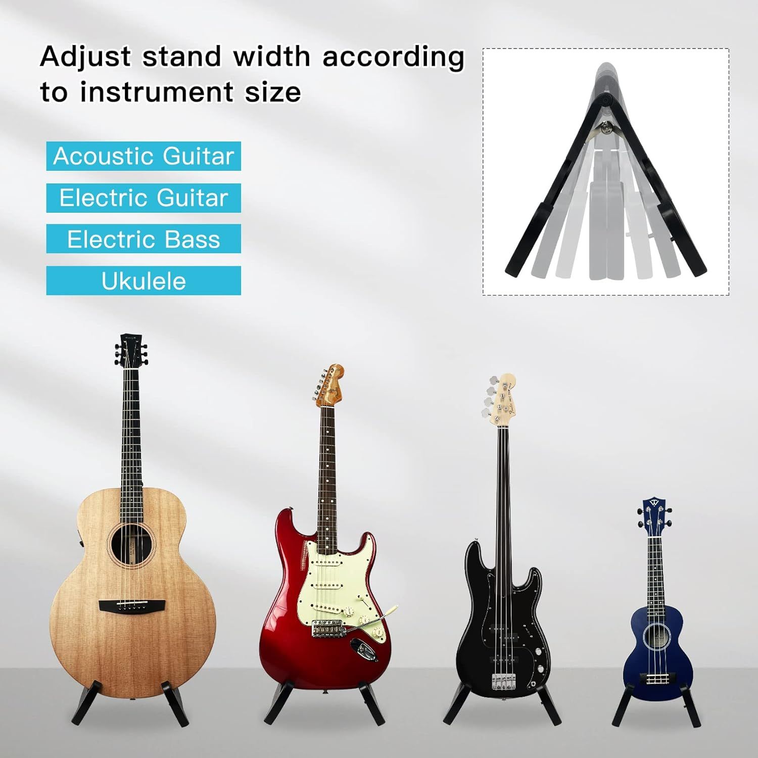Demonstrates that the guitar stand is compatible with multiple instrument types by showing its adjustable width feature accommodates acoustic guitar, electric guitar, electric bass, and ukulele.