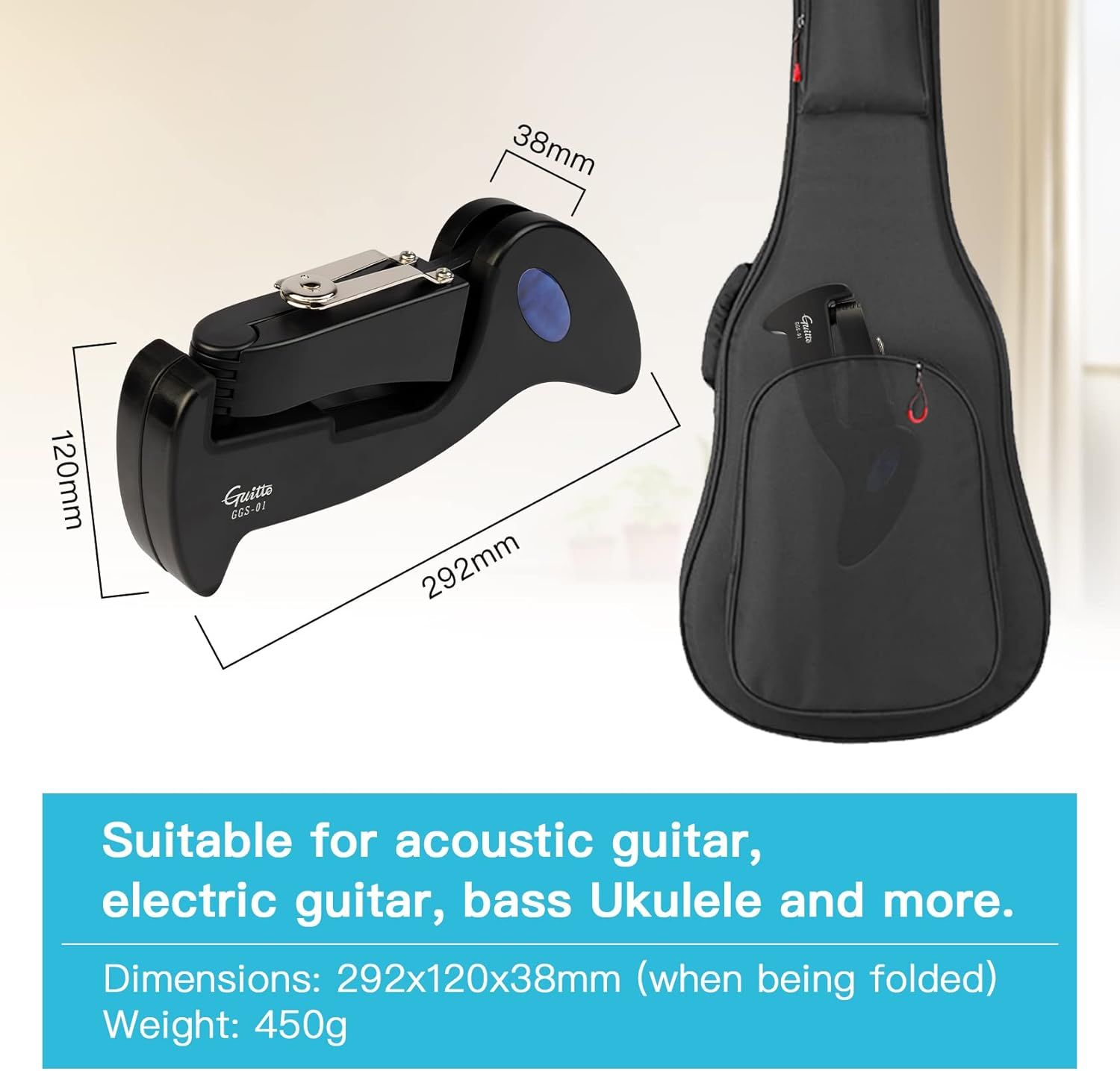 Communicates the exact dimensions of the product when folded to help shoppers understand its portability and storage size. Shows the product is versatile and suitable for multiple instrument types…