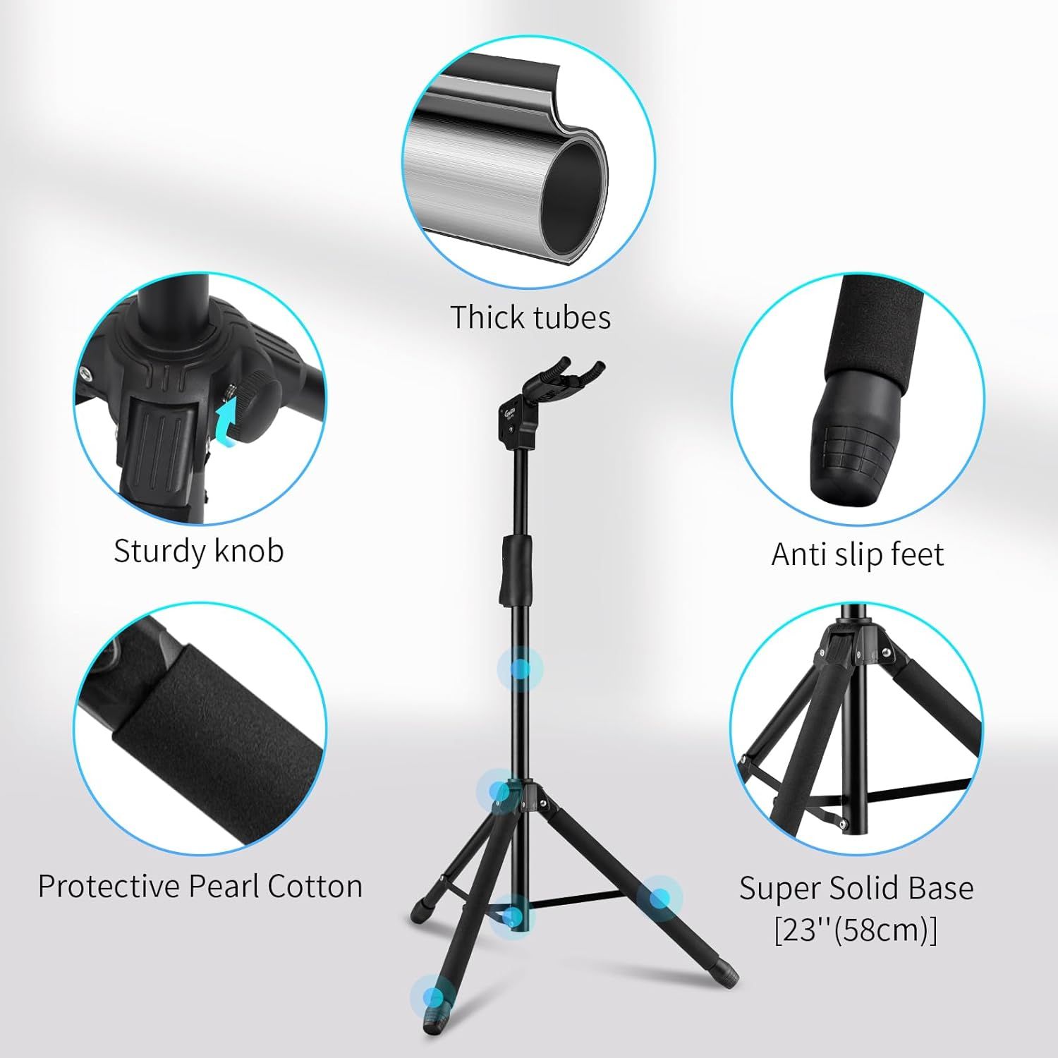 This image breaks down the microphone stand by highlighting its key structural components and materials to help shoppers understand the quality and functionality of each part.