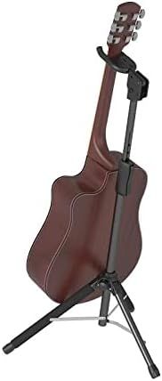 Shows the product in use holding a guitar in a real-world context to help shoppers visualize how the stand supports and displays their instrument.