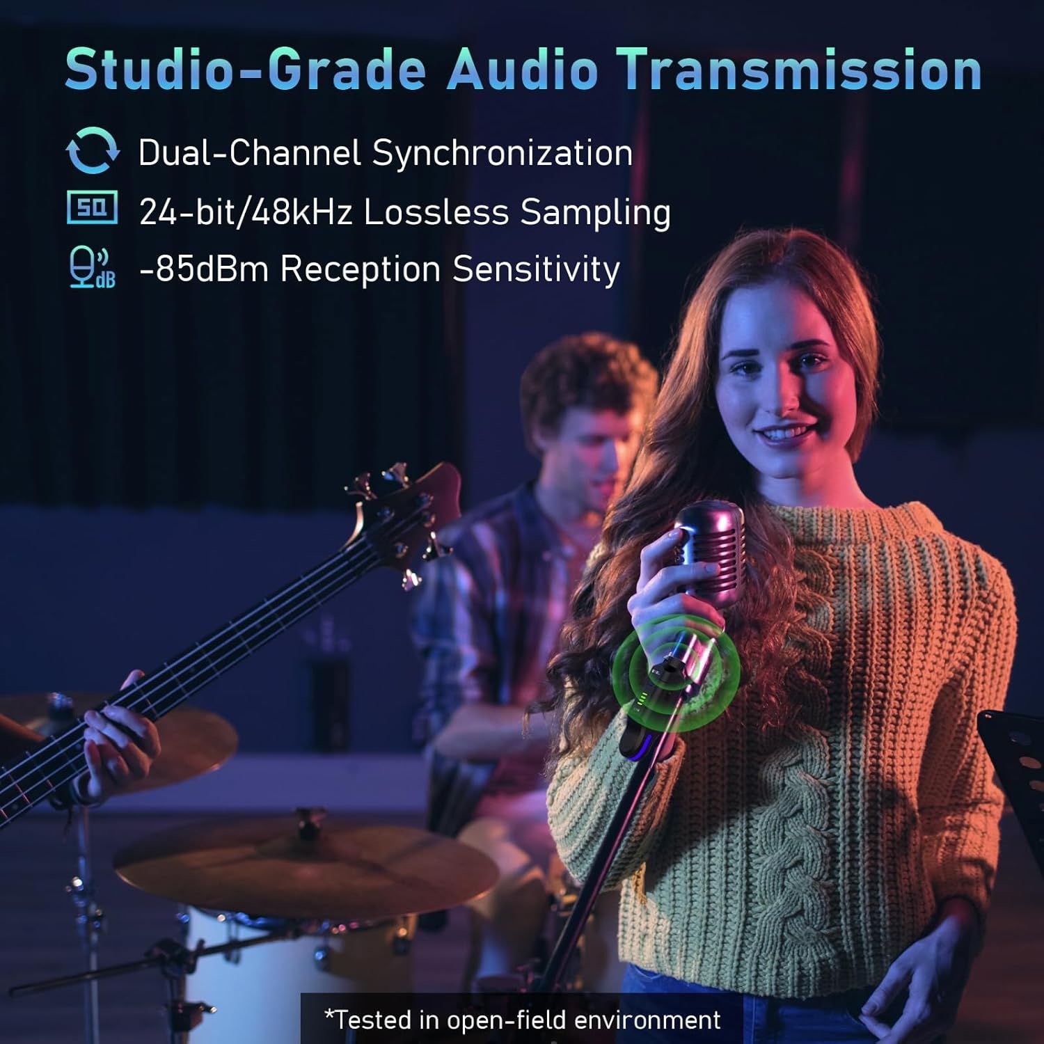 Communicates the professional-grade audio transmission capabilities of the product by highlighting three key technical specifications that appeal to musicians and audio professionals.