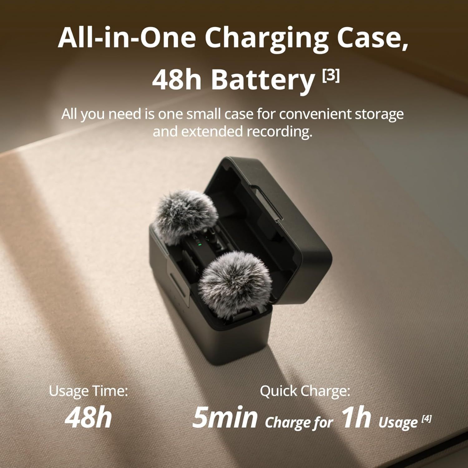 Communicates multiple key benefits including the convenience of an all-in-one charging case, extended 48-hour battery life, and fast charging capability to reassure shoppers of the product's…