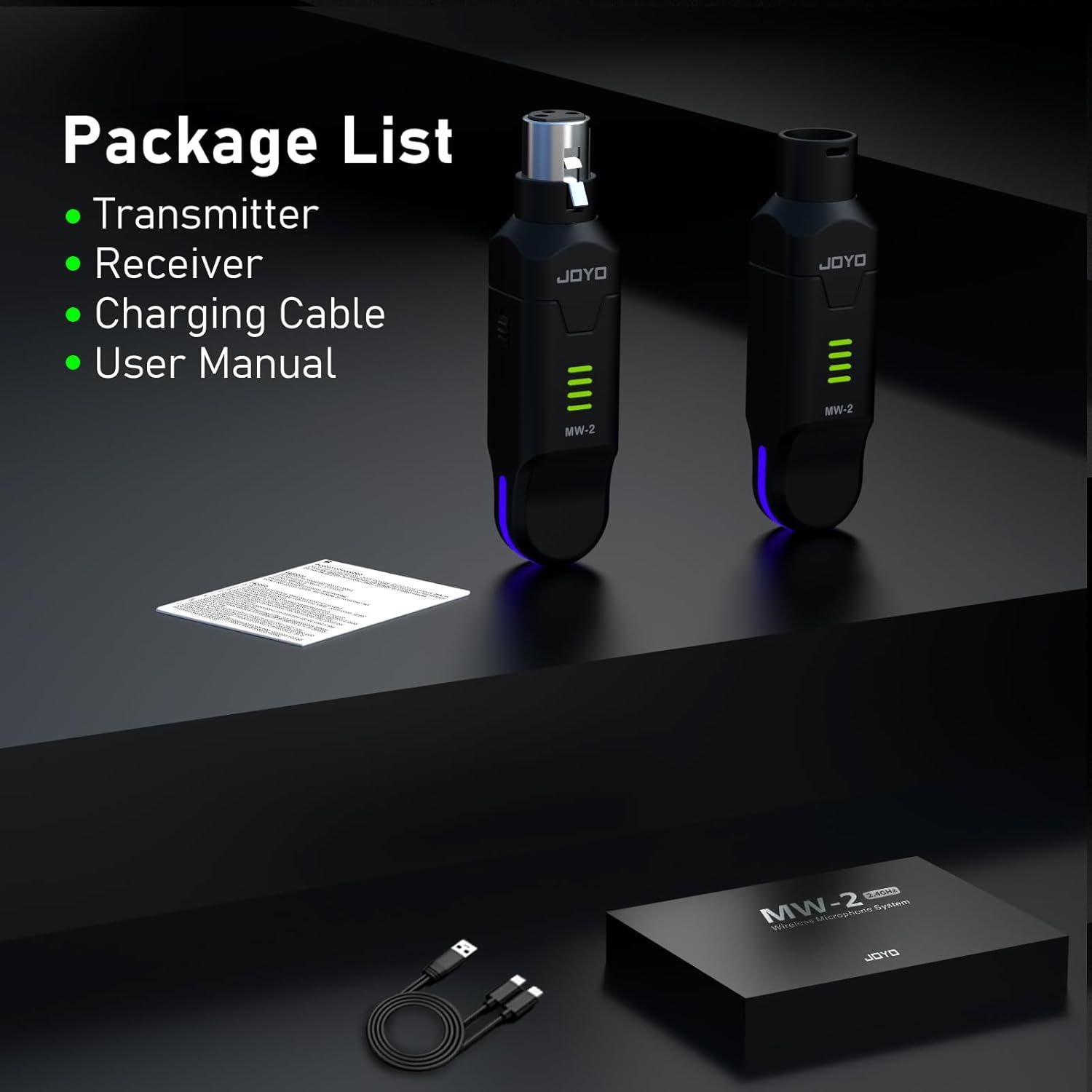 Shows everything included in the box: transmitter, receiver, charging cable, and user manual to set clear expectations for the customer.