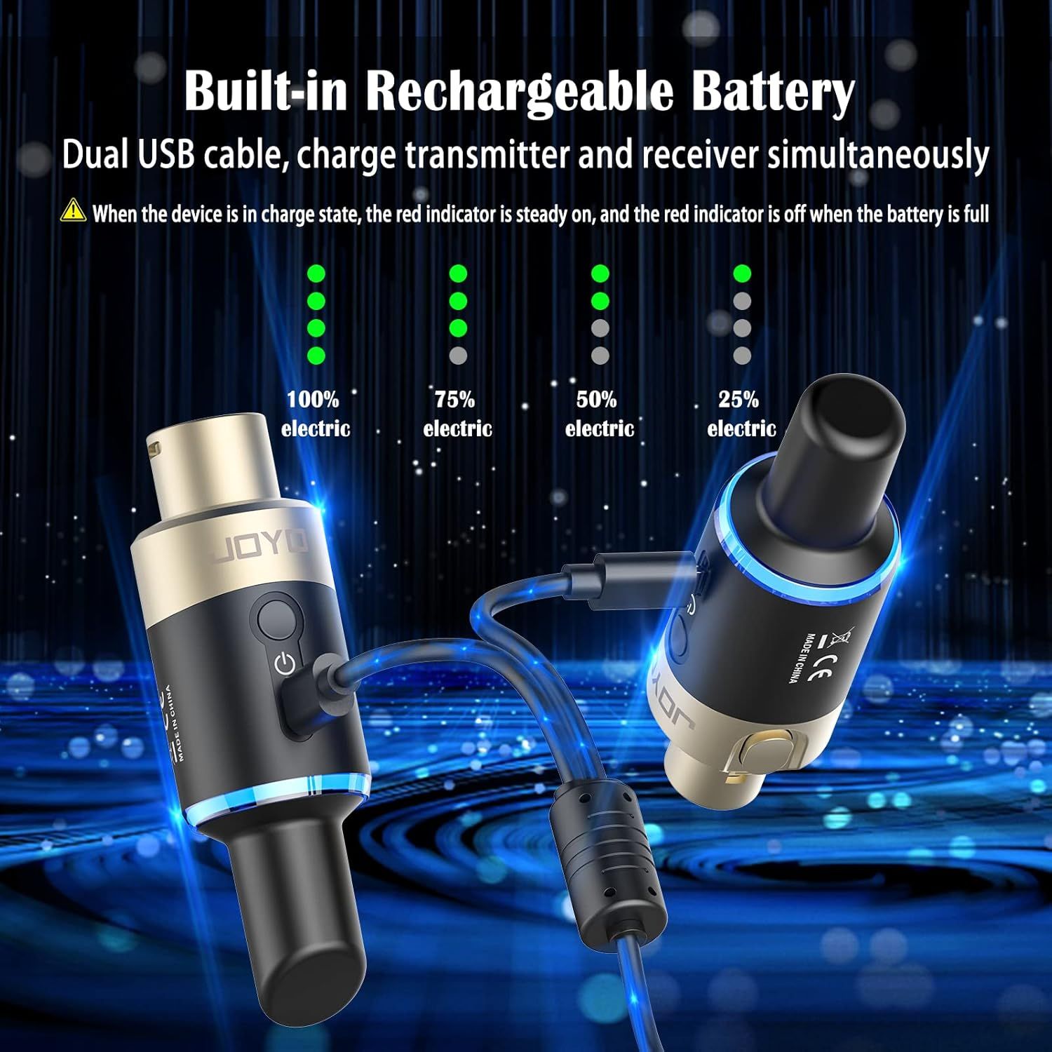 Communicates that the product has a built-in rechargeable battery with dual USB charging capability and battery level indicators, reassuring shoppers about convenience and ease of use.