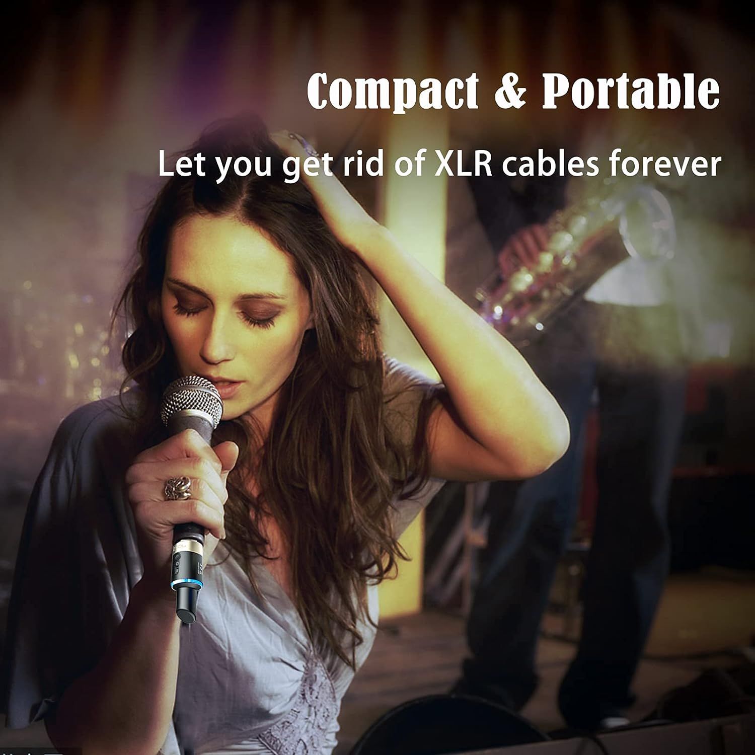 Communicates that the product is compact, portable, and eliminates the need for XLR cables, making it convenient for performers and musicians.