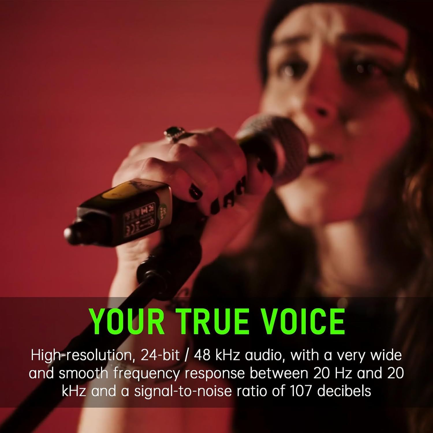 Communicates the microphone's superior audio specifications to reassure shoppers that it delivers professional-grade sound recording with high fidelity and low noise.
