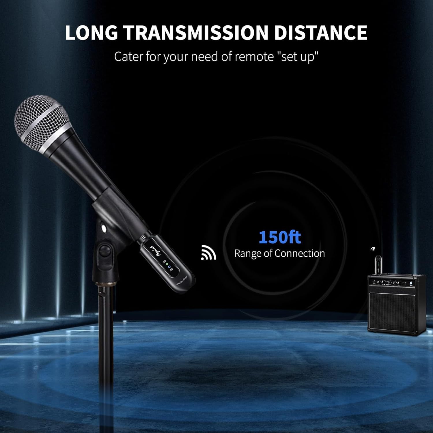 Communicates that the wireless microphone has a 150ft range of connection, reassuring customers they can use it remotely without signal loss.