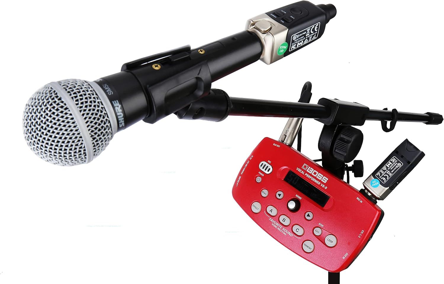 Shows the customer what components are included in the package: a professional microphone and a red vocal processor unit with controls.